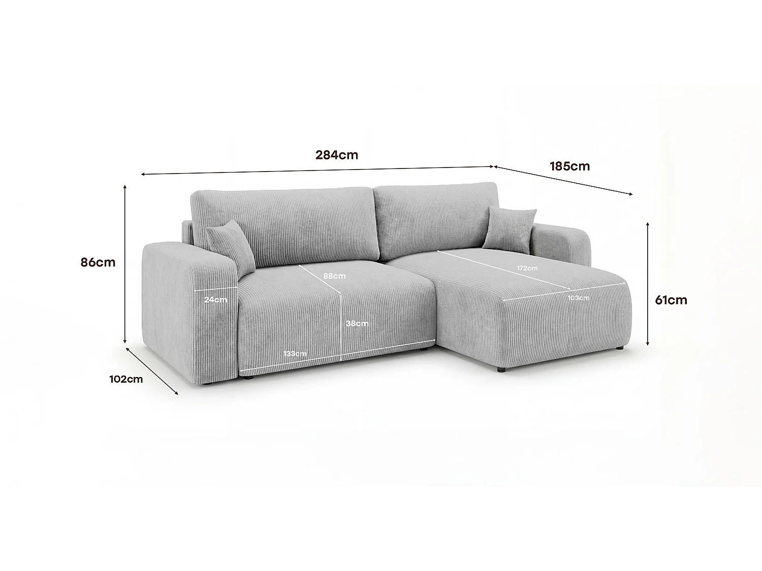Canapé d'angle BERLIN droit gris velours côtelé Poso 55 - fonction couchage, coffre à literie