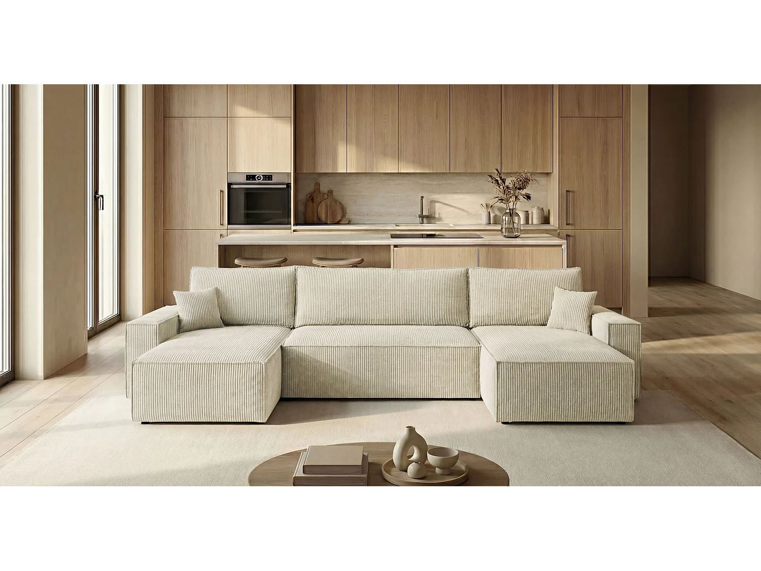 Canapé d'angle CALIFORNIA MINI en U blanc velours côtelé Poso 100 - fonction couchage, coffre à literie
