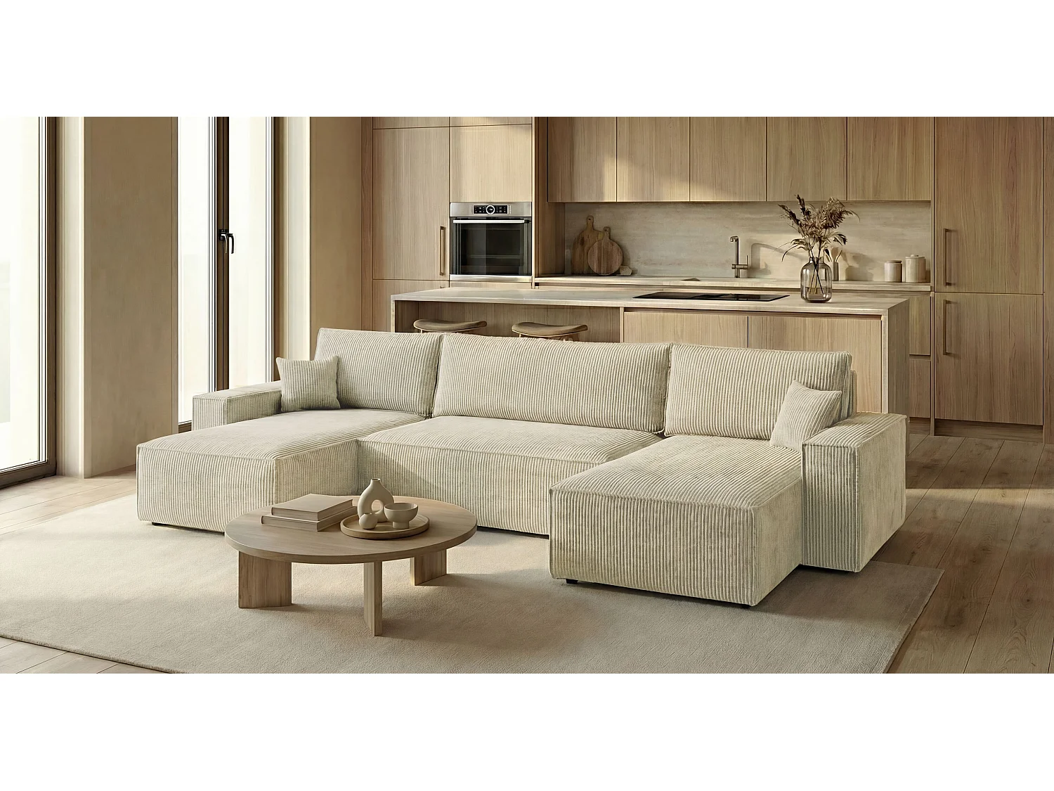 Canapé d'angle CALIFORNIA MINI en U blanc velours côtelé Poso 100 - fonction couchage, coffre à literie