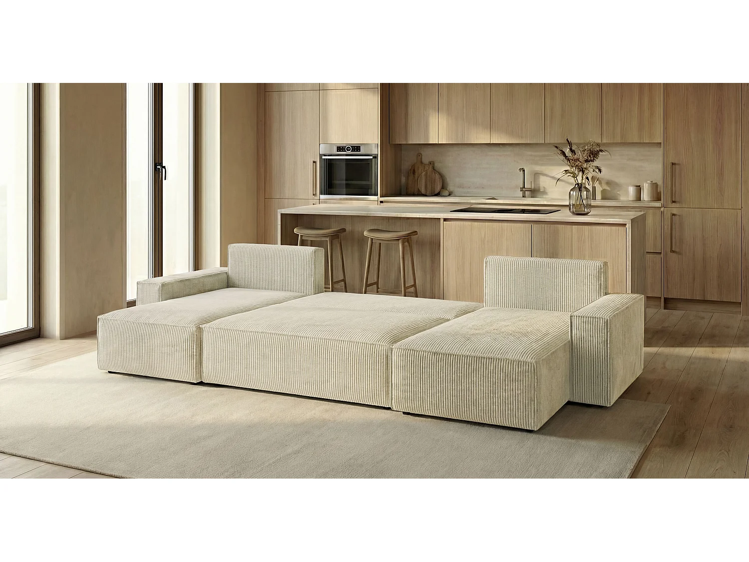 Canapé d'angle CALIFORNIA MINI en U blanc velours côtelé Poso 100 - fonction couchage, coffre à literie