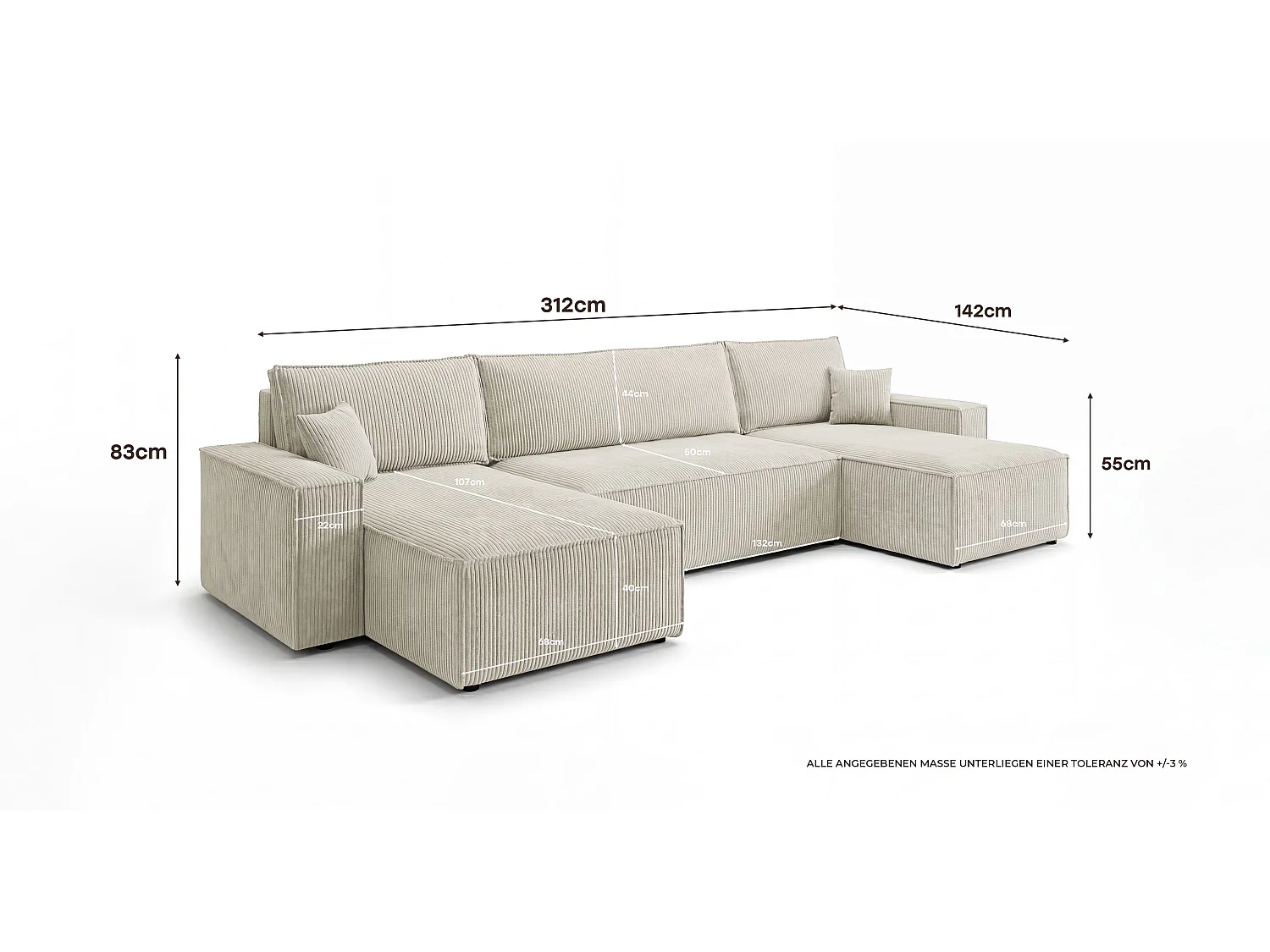 Canapé d'angle CALIFORNIA MINI en U blanc velours côtelé Poso 100 - fonction couchage, coffre à literie
