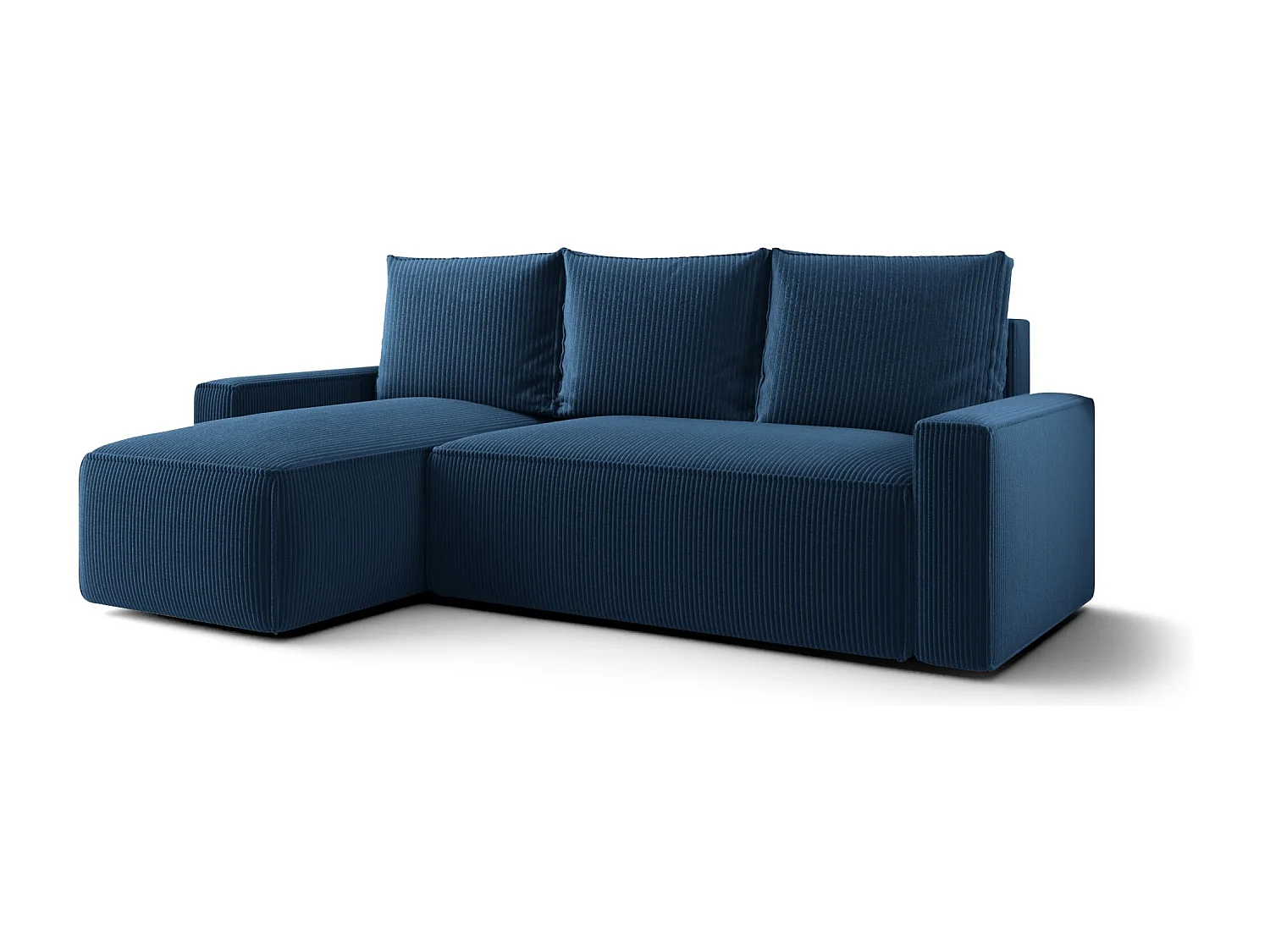 Canapé d'angle HAVANA gauche bleu foncé velours côtelé Poso 5 - fonction couchage, coffre à literie