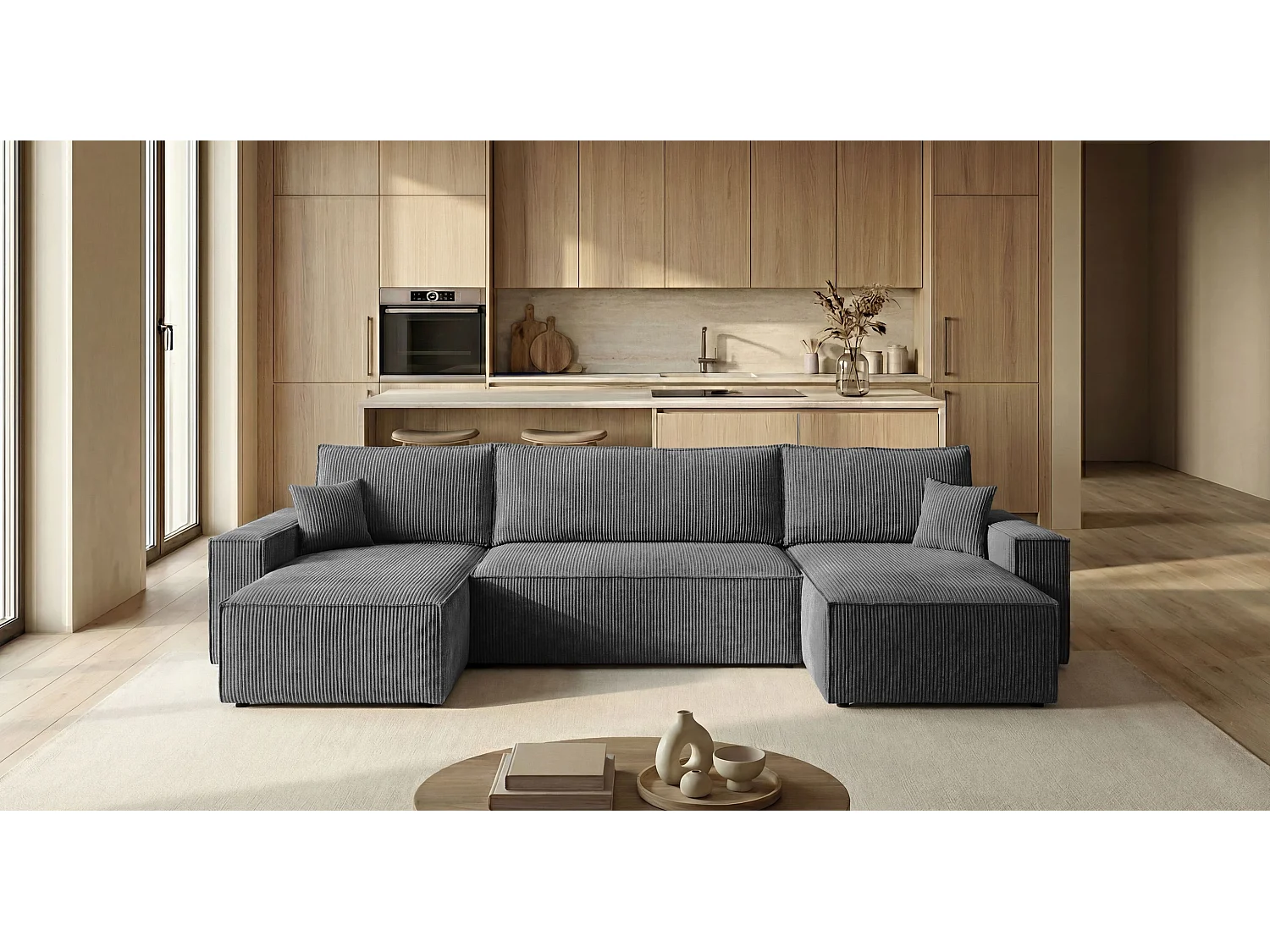 Canapé d'angle CALIFORNIA MINI en U gris foncé velours côtelé Poso 60 - fonction couchage, coffre à literie