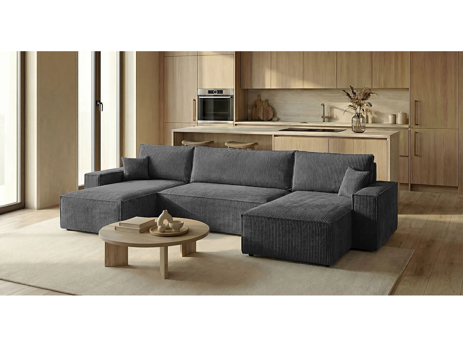 Canapé d'angle CALIFORNIA MINI en U gris foncé velours côtelé Poso 60 - fonction couchage, coffre à literie