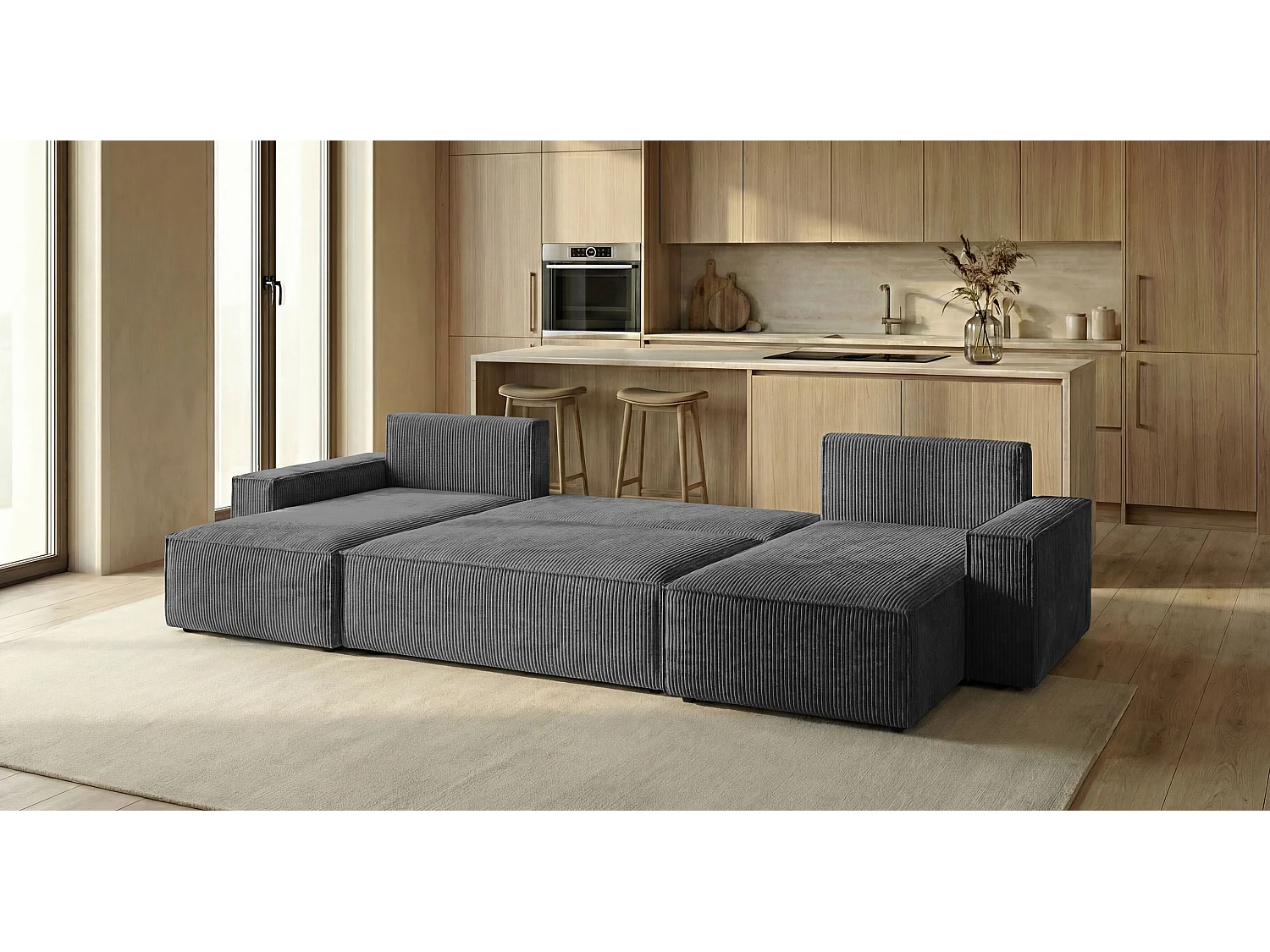 Canapé d'angle CALIFORNIA MINI en U gris foncé velours côtelé Poso 60 - fonction couchage, coffre à literie