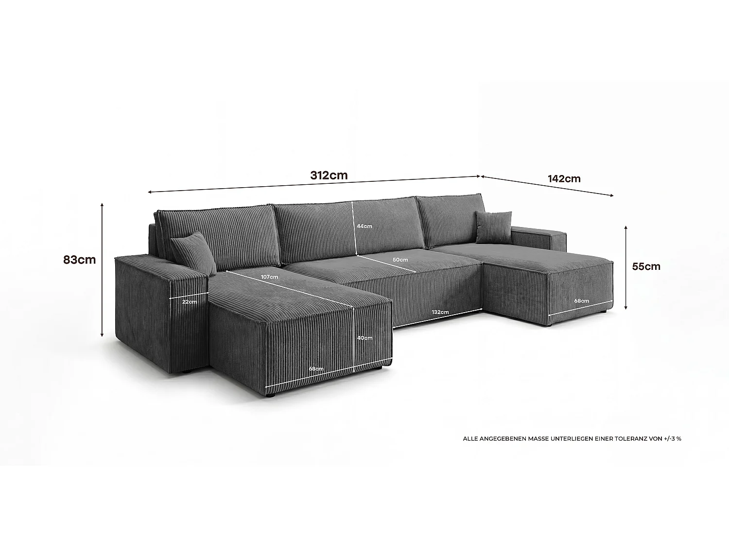 Canapé d'angle CALIFORNIA MINI en U gris foncé velours côtelé Poso 60 - fonction couchage, coffre à literie
