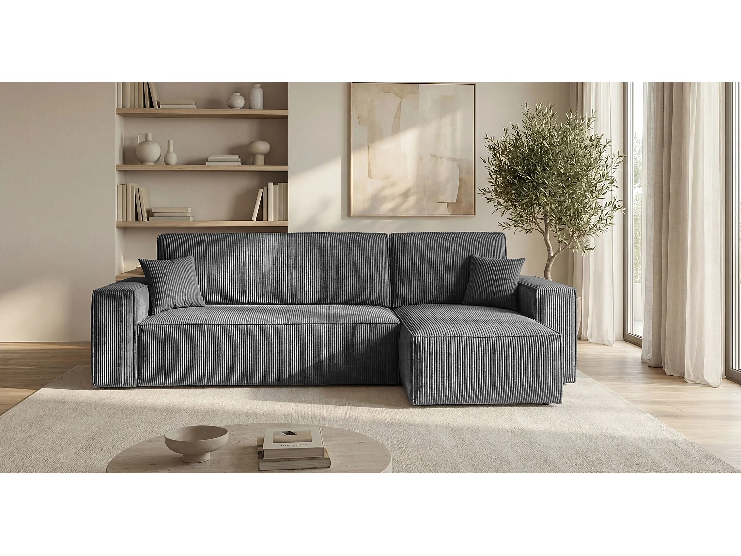 Canapé d'angle CALIFORNIA MINI droit gris foncé velours côtelé Poso 60 - fonction couchage, coffre à literie