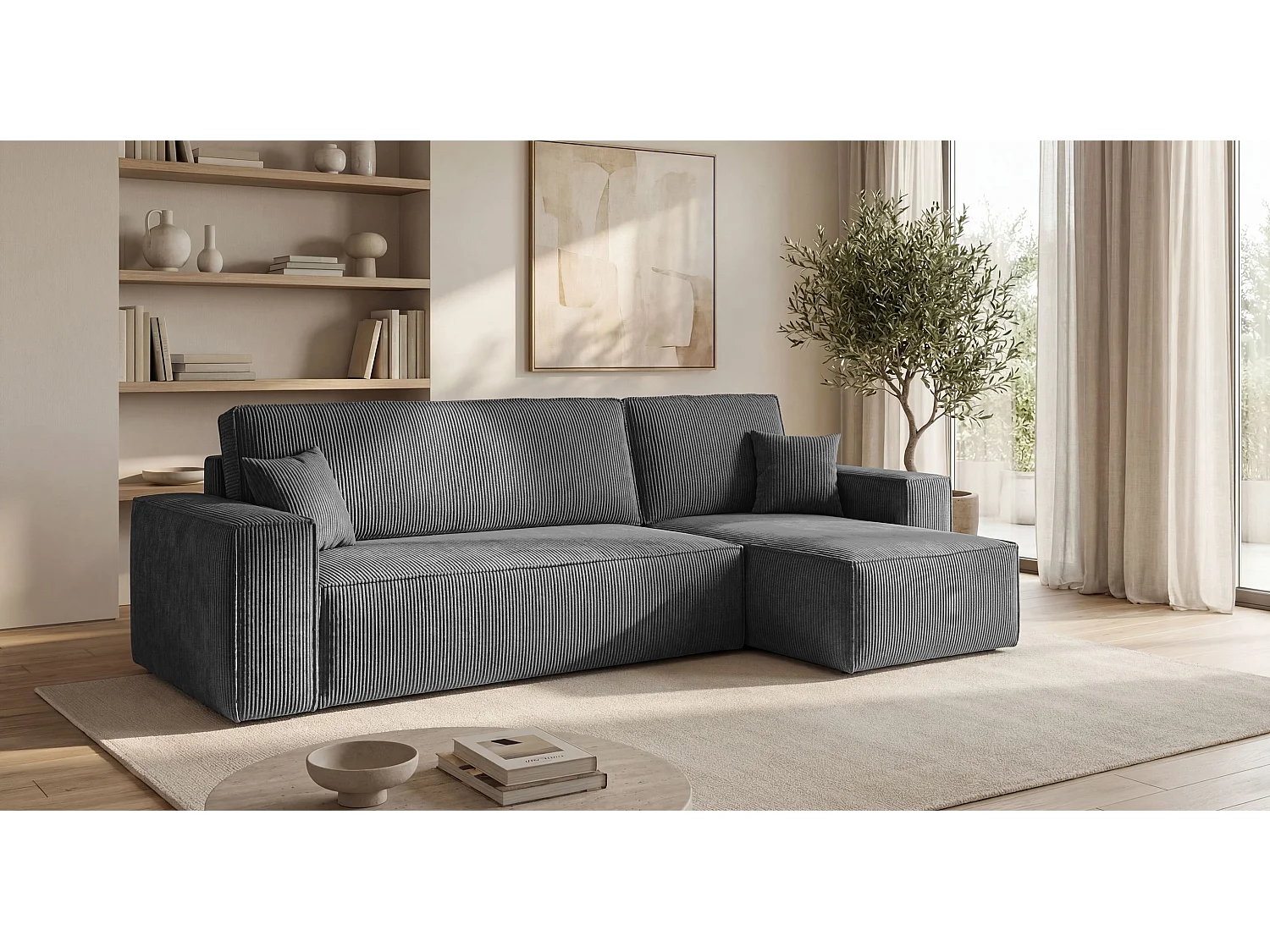Canapé d'angle CALIFORNIA MINI droit gris foncé velours côtelé Poso 60 - fonction couchage, coffre à literie