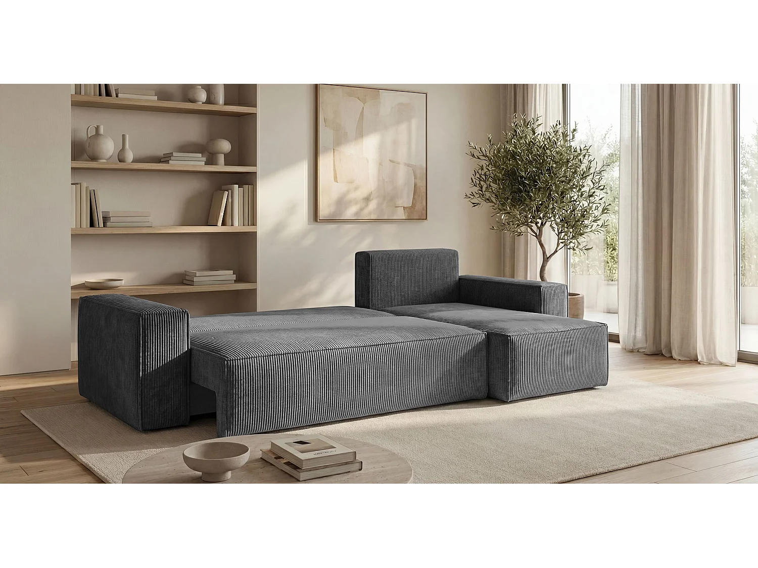 Canapé d'angle CALIFORNIA MINI droit gris foncé velours côtelé Poso 60 - fonction couchage, coffre à literie