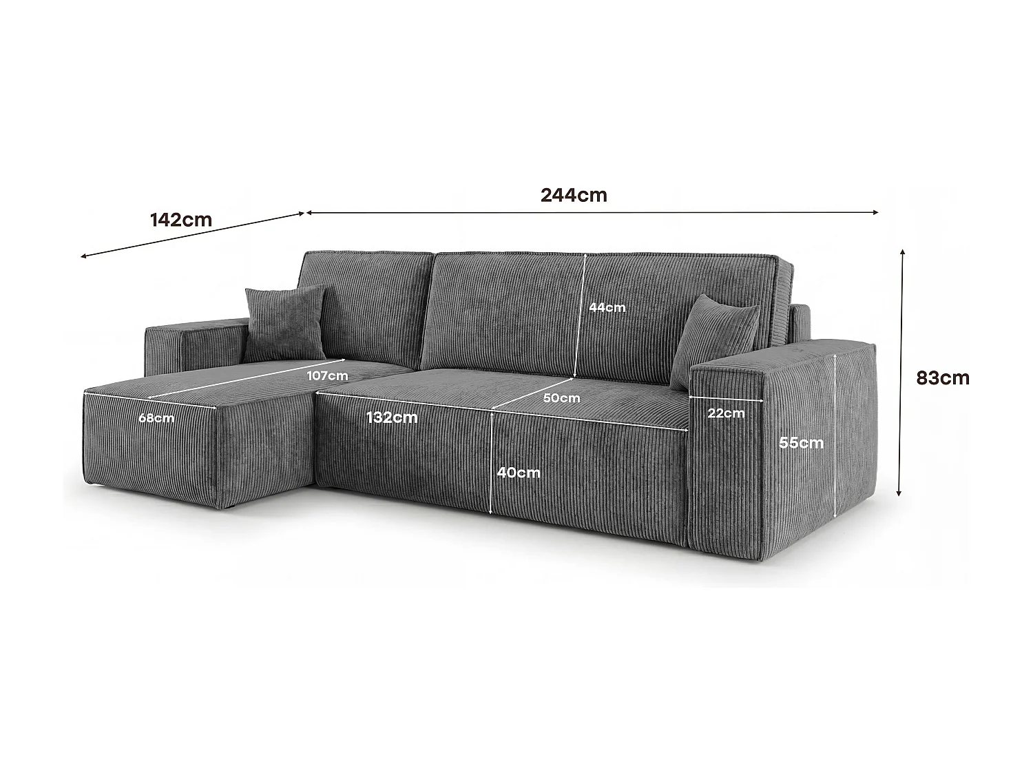 Canapé d'angle CALIFORNIA MINI droit gris foncé velours côtelé Poso 60 - fonction couchage, coffre à literie