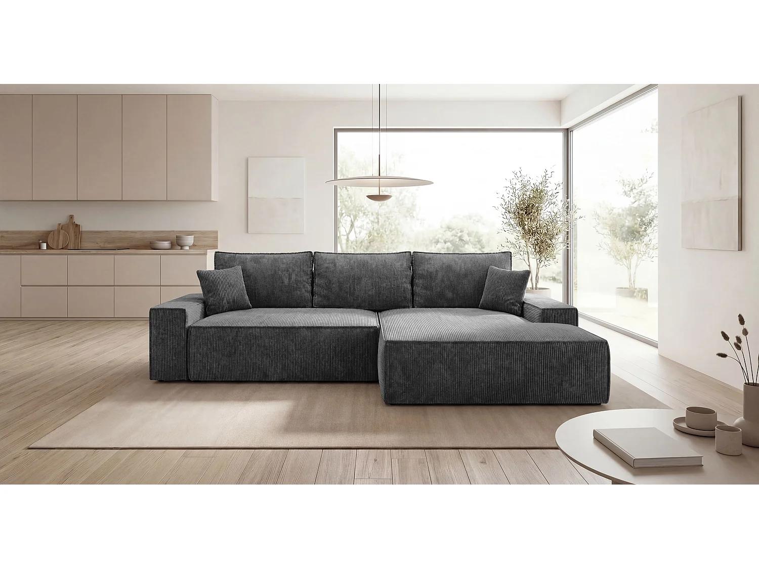Canapé d'angle VERONA droit gris foncé velours côtelé Poso 60 - fonction couchage, coffre à literie