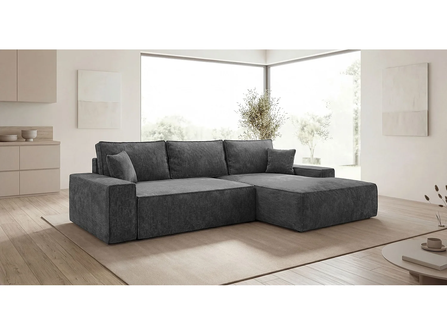 Canapé d'angle VERONA droit gris foncé velours côtelé Poso 60 - fonction couchage, coffre à literie