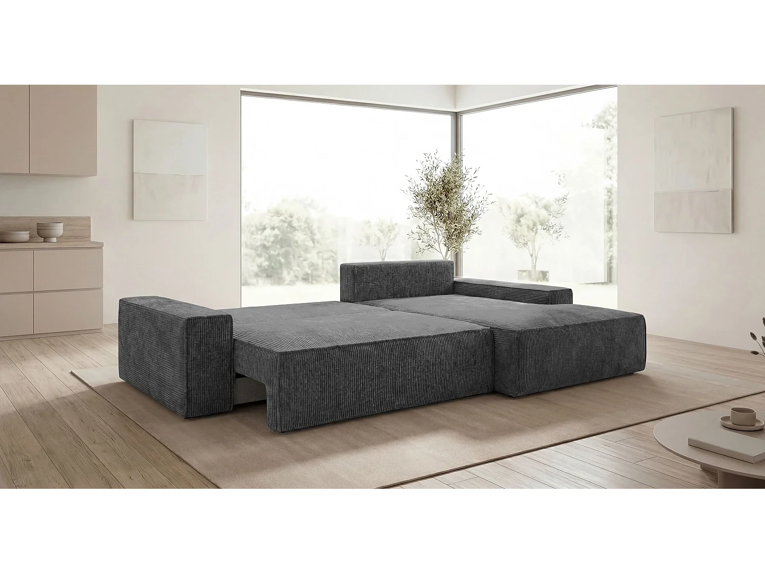 Canapé d'angle VERONA droit gris foncé velours côtelé Poso 60 - fonction couchage, coffre à literie