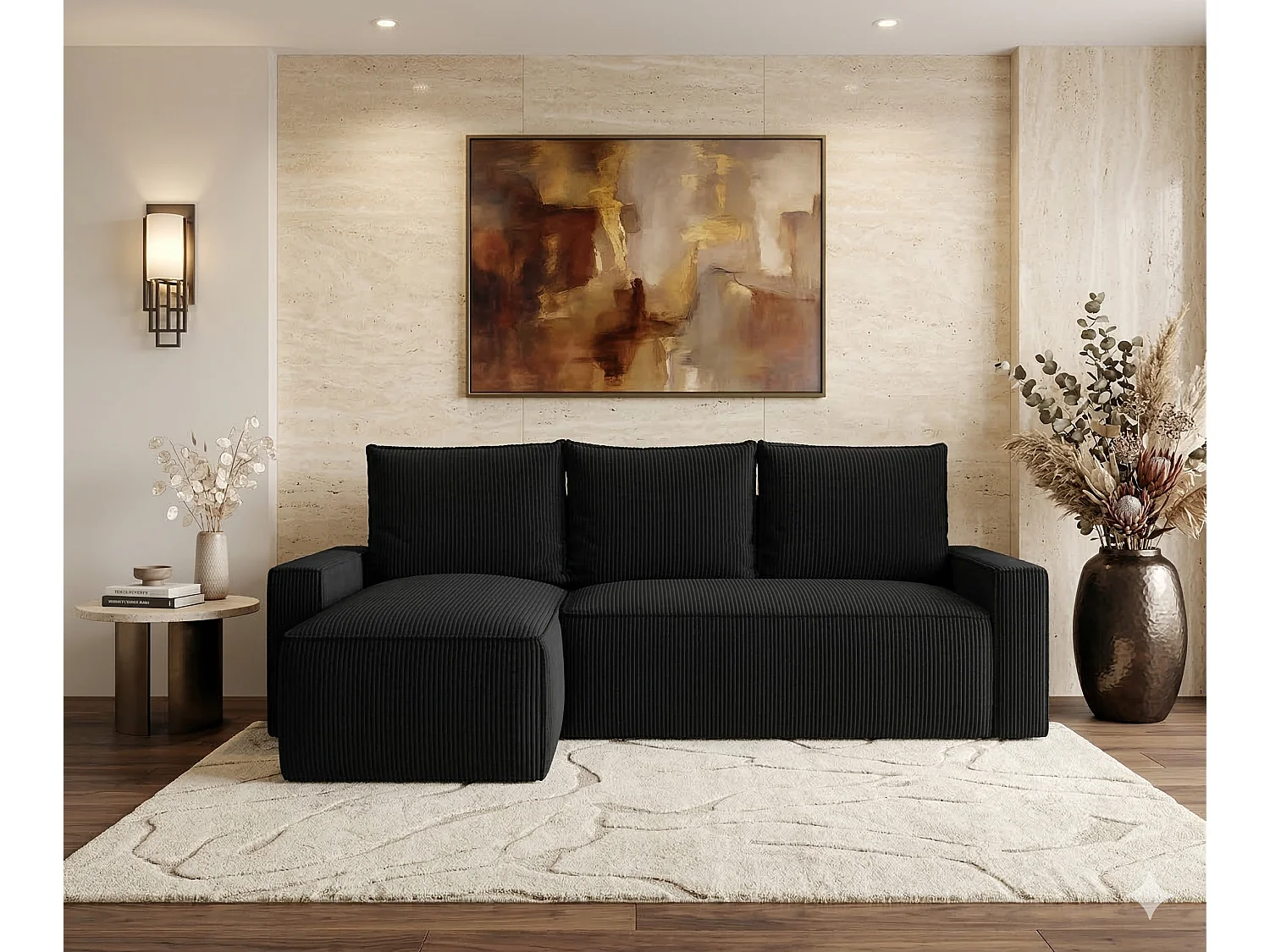 Canapé d’angle velours chenille convertible avec coffre NORE-Noir-angle gauche