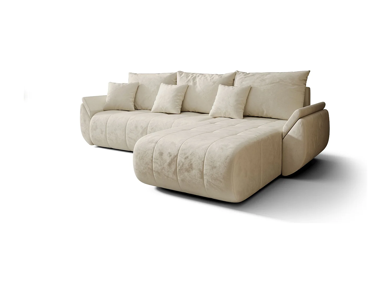 Canapé d'angle SYDNEY droit beige velours Monolith 2 - fonction couchage, coffre à literie
