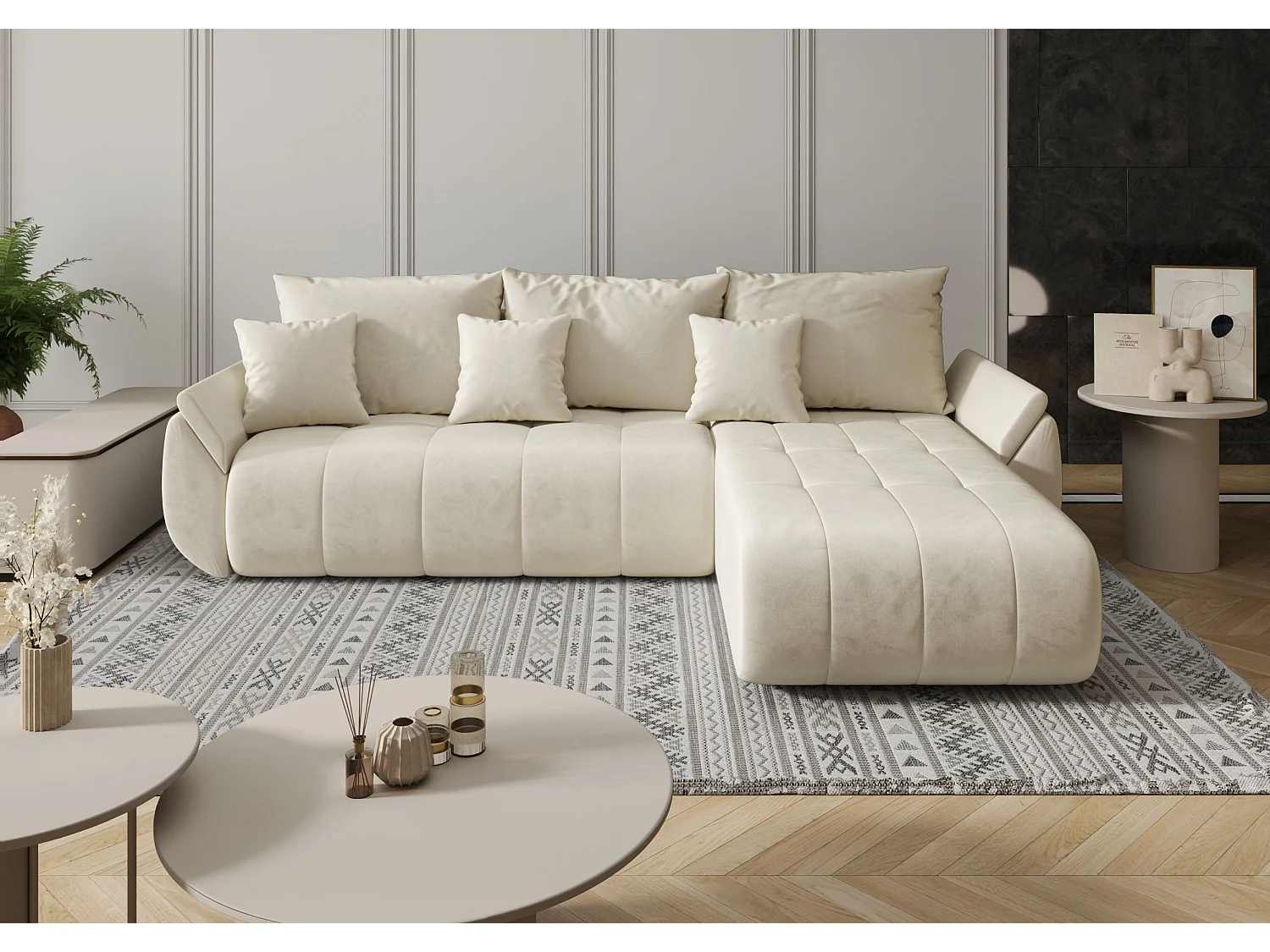 Canapé d'angle SYDNEY droit beige velours Monolith 2 - fonction couchage, coffre à literie