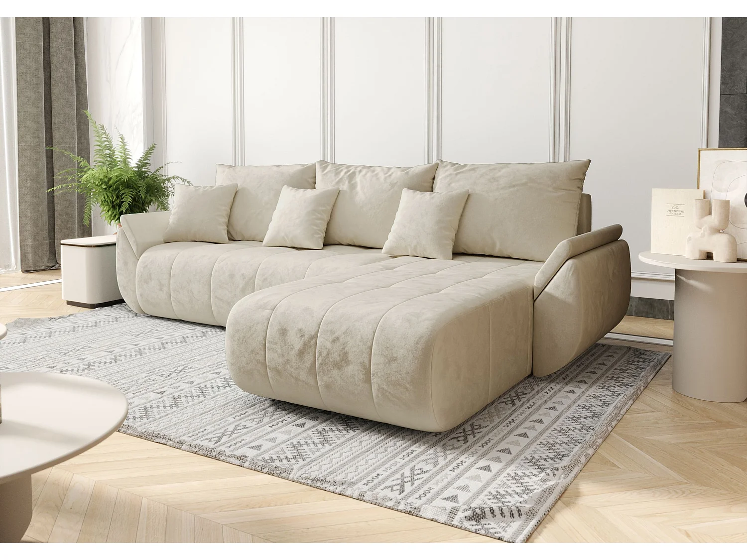 Canapé d'angle SYDNEY droit beige velours Monolith 2 - fonction couchage, coffre à literie