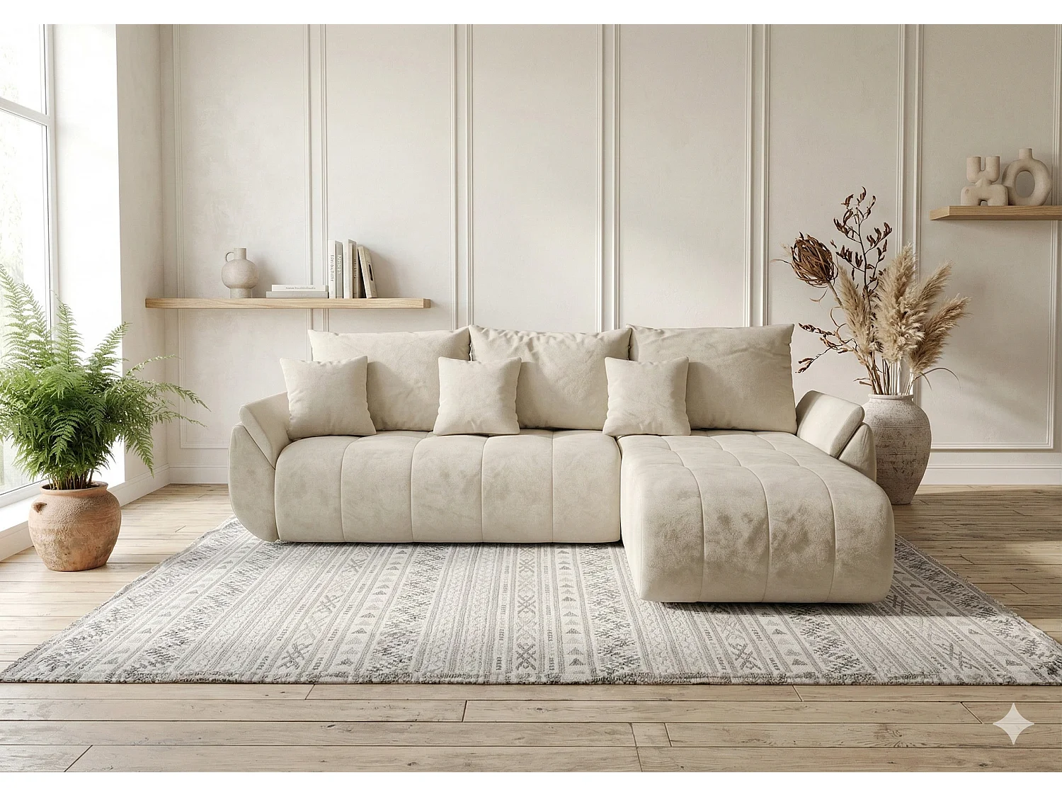 NOVA beige fluwelen hoekbank met slaapfunctie en opbergruimte-Eierschaal-juiste hoek