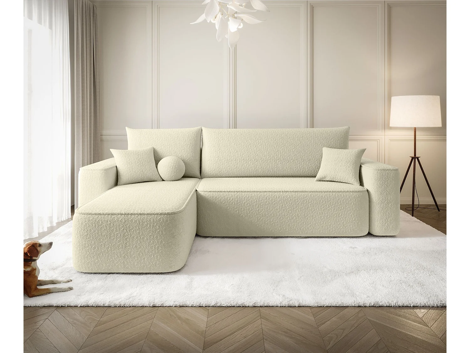 Canapé d'angle TEXAS gauche Jasny Bezowy Bukle Quelle 2 - fonction couchage, coffre à literie