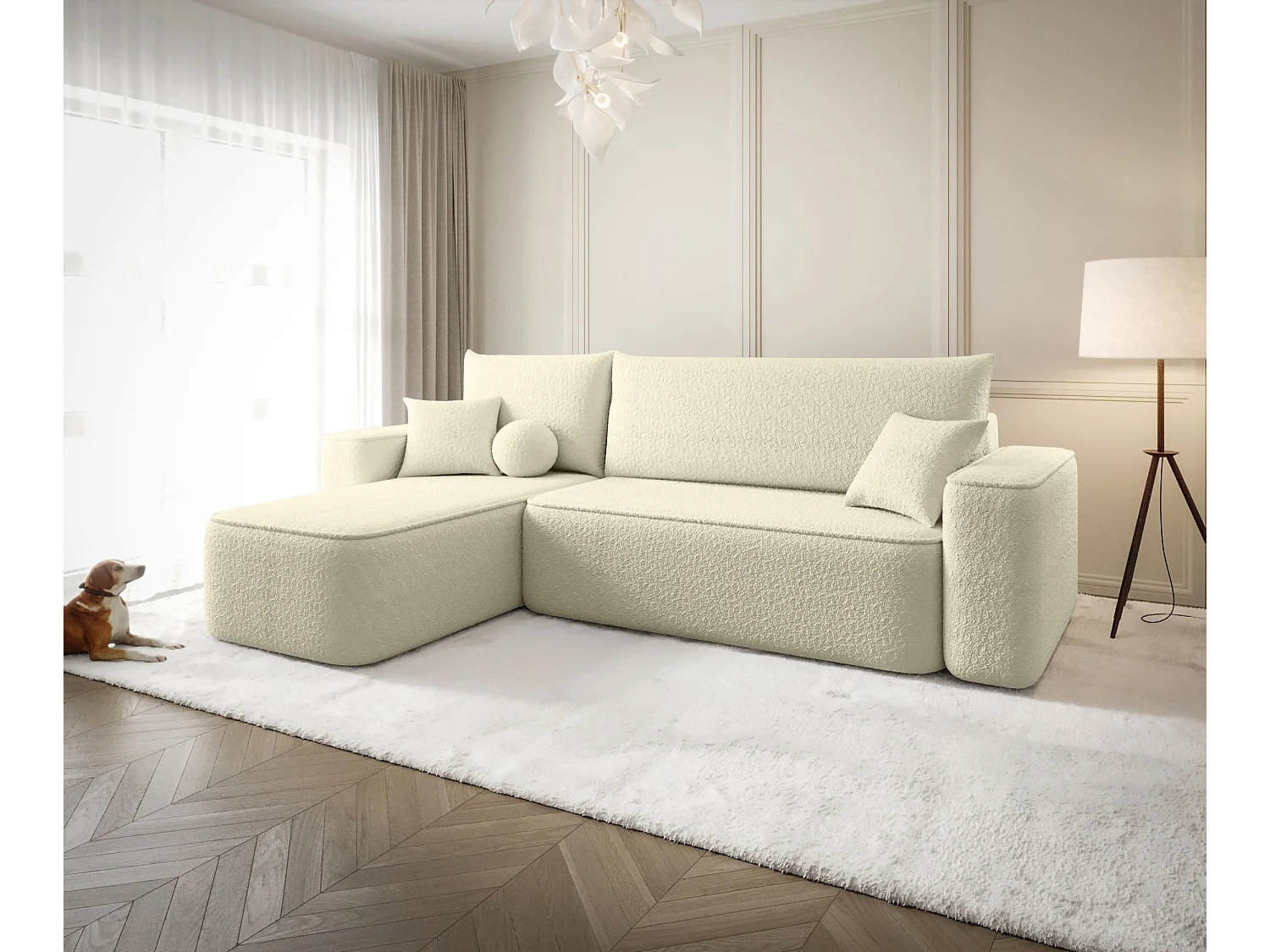 Canapé d'angle TEXAS gauche Jasny Bezowy Bukle Quelle 2 - fonction couchage, coffre à literie
