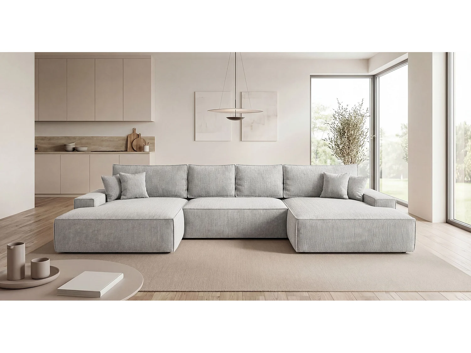 Canapé d'angle VERONA en U gris velours côtelé Poso 55 - fonction couchage, coffre à literie