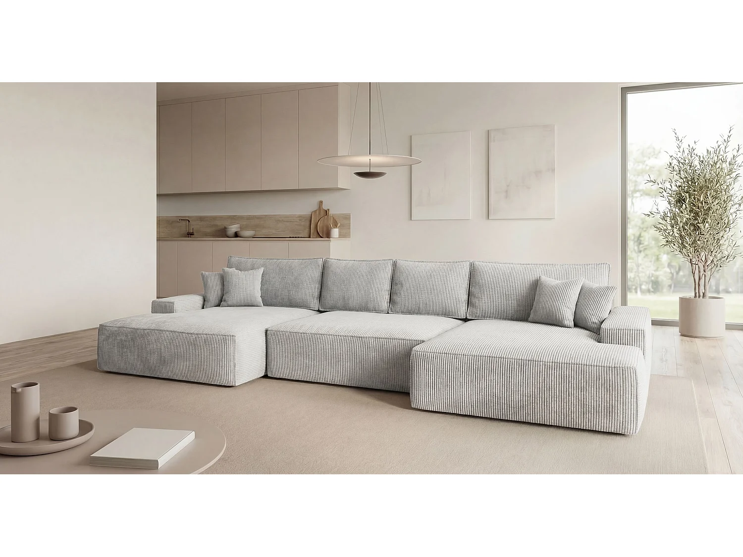 Canapé d'angle VERONA en U gris velours côtelé Poso 55 - fonction couchage, coffre à literie