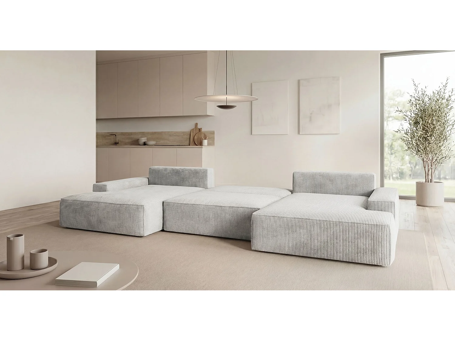 Canapé d'angle VERONA en U gris velours côtelé Poso 55 - fonction couchage, coffre à literie