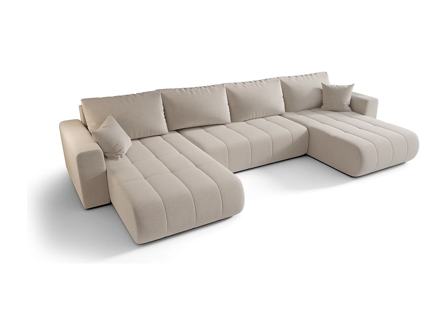 Canapé d'angle LARA en U beige clair tricot Wind 5 - fonction couchage, coffre à literie