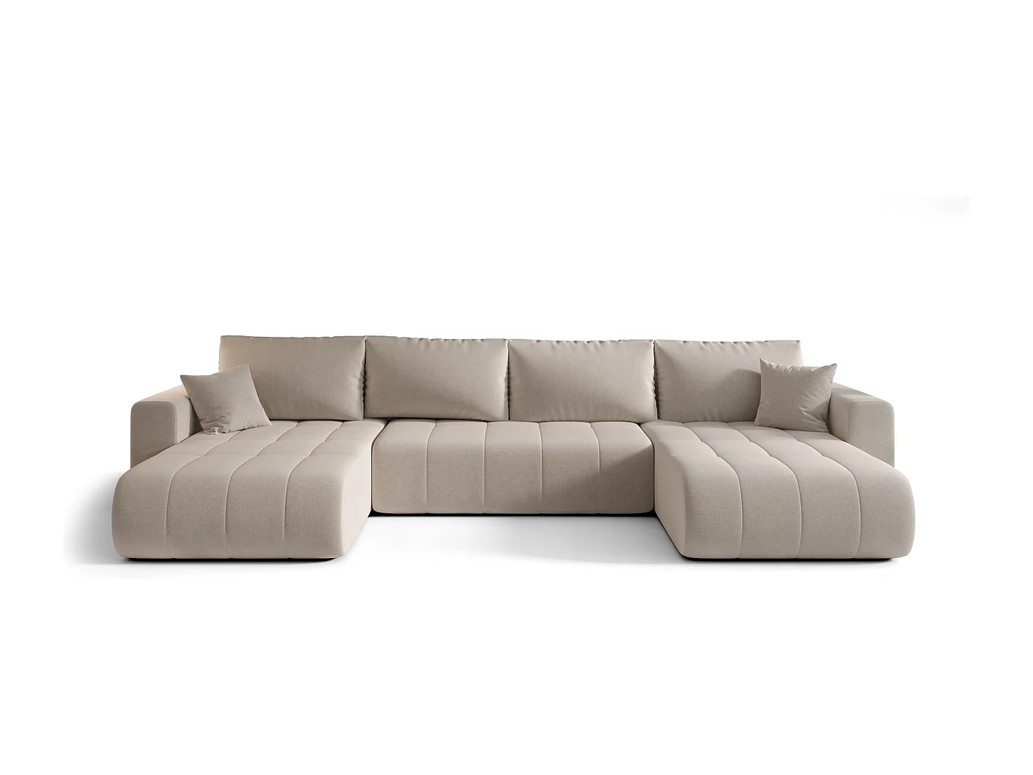 Canapé d'angle LARA en U beige clair tricot Wind 5 - fonction couchage, coffre à literie