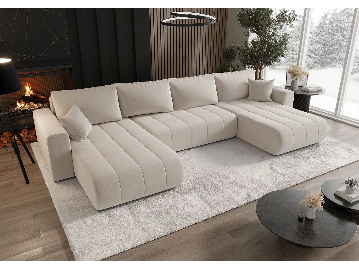 Canapé d'angle LARA en U beige clair tricot Wind 5 - fonction couchage, coffre à literie