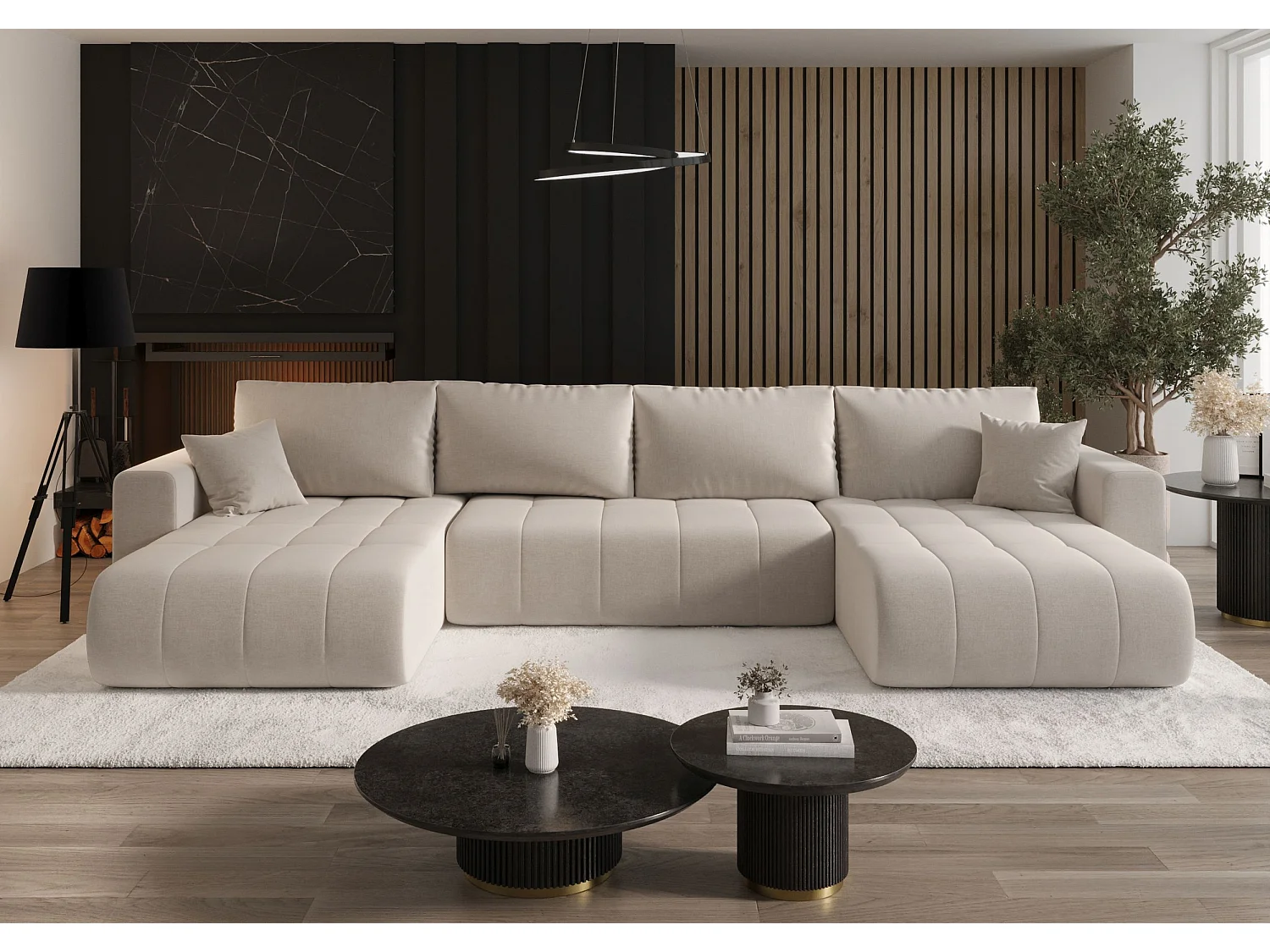 Canapé d'angle LARA en U beige clair tricot Wind 5 - fonction couchage, coffre à literie