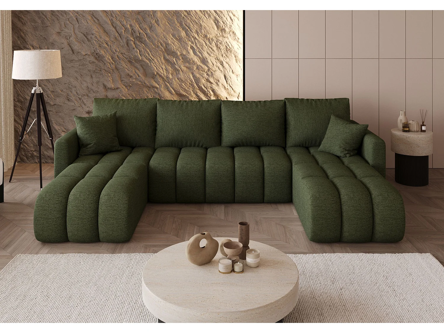 Canapé d'angle GARDA en U vert tricot Aragon 39 - fonction couchage, coffre à literie