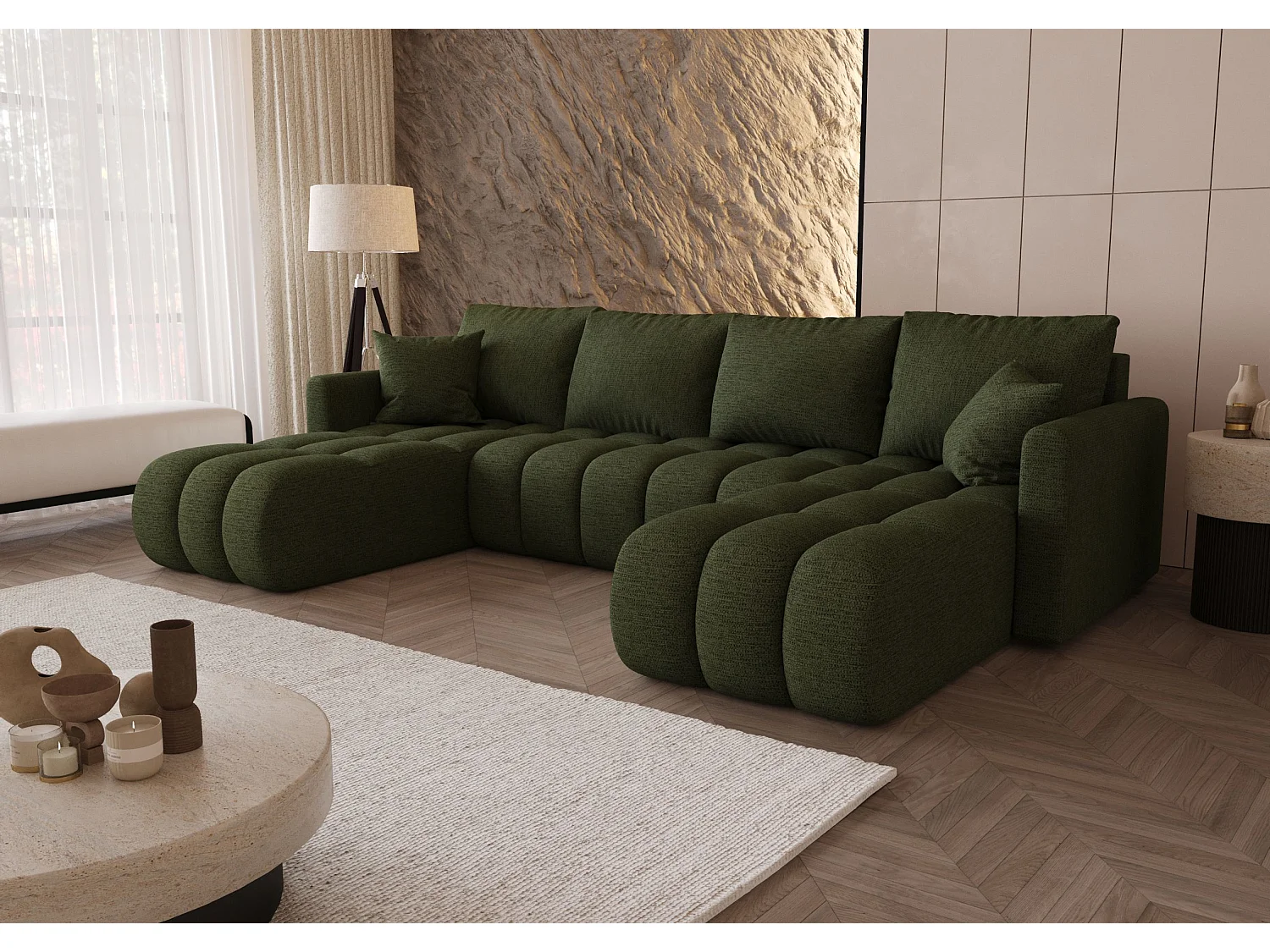 Canapé d'angle GARDA en U vert tricot Aragon 39 - fonction couchage, coffre à literie