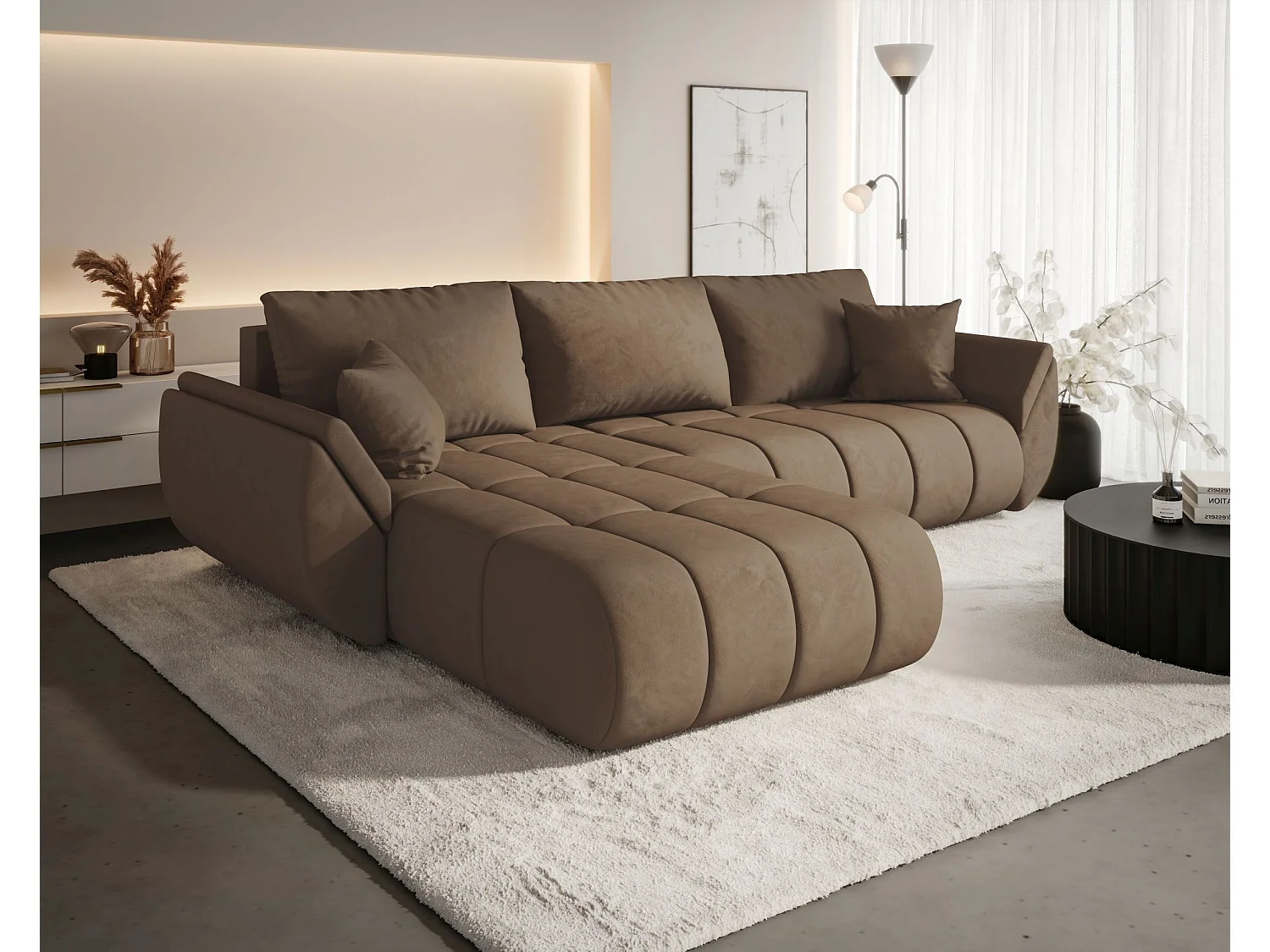 Canapé d'angle SYDNEY PREMIUM gauche marron velours Monolith 9 - fonction couchage, coffre à literie