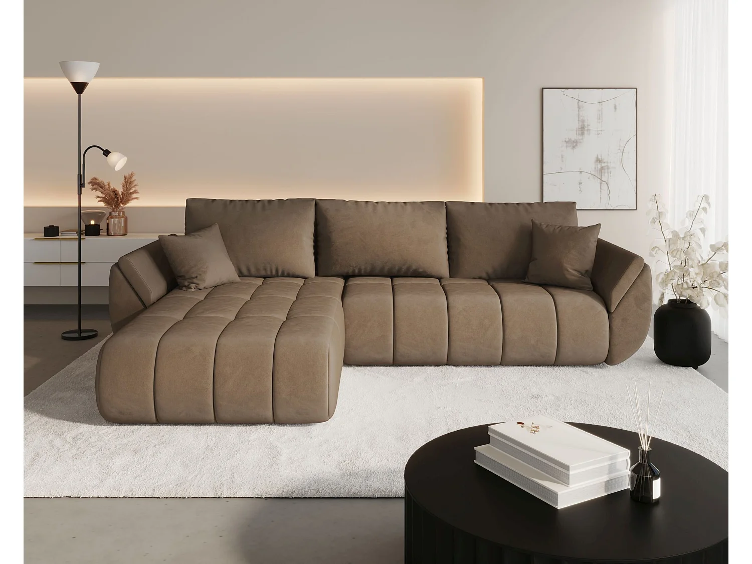 Canapé d'angle SYDNEY PREMIUM gauche marron velours Monolith 9 - fonction couchage, coffre à literie