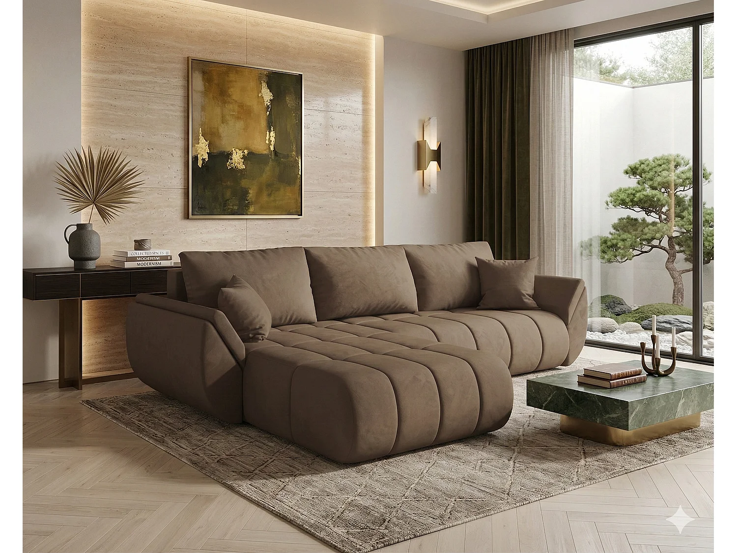 Canapé d’angle velours convertible avec coffre design moderne ARCO-Marron-angle gauche