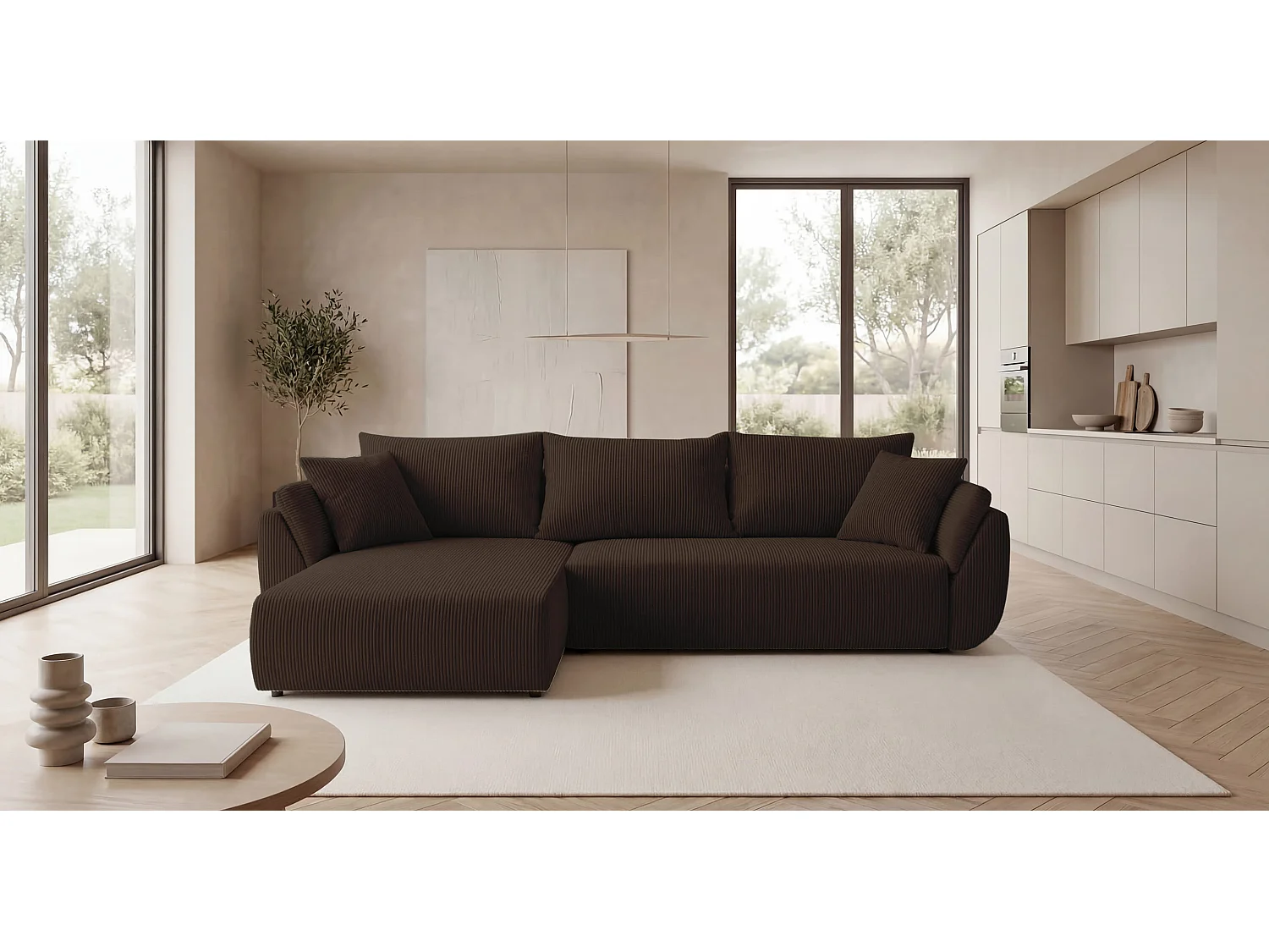 Canapé d'angle SYDNEY gauche marron velours côtelé Poso 6 - fonction couchage, coffre à literie