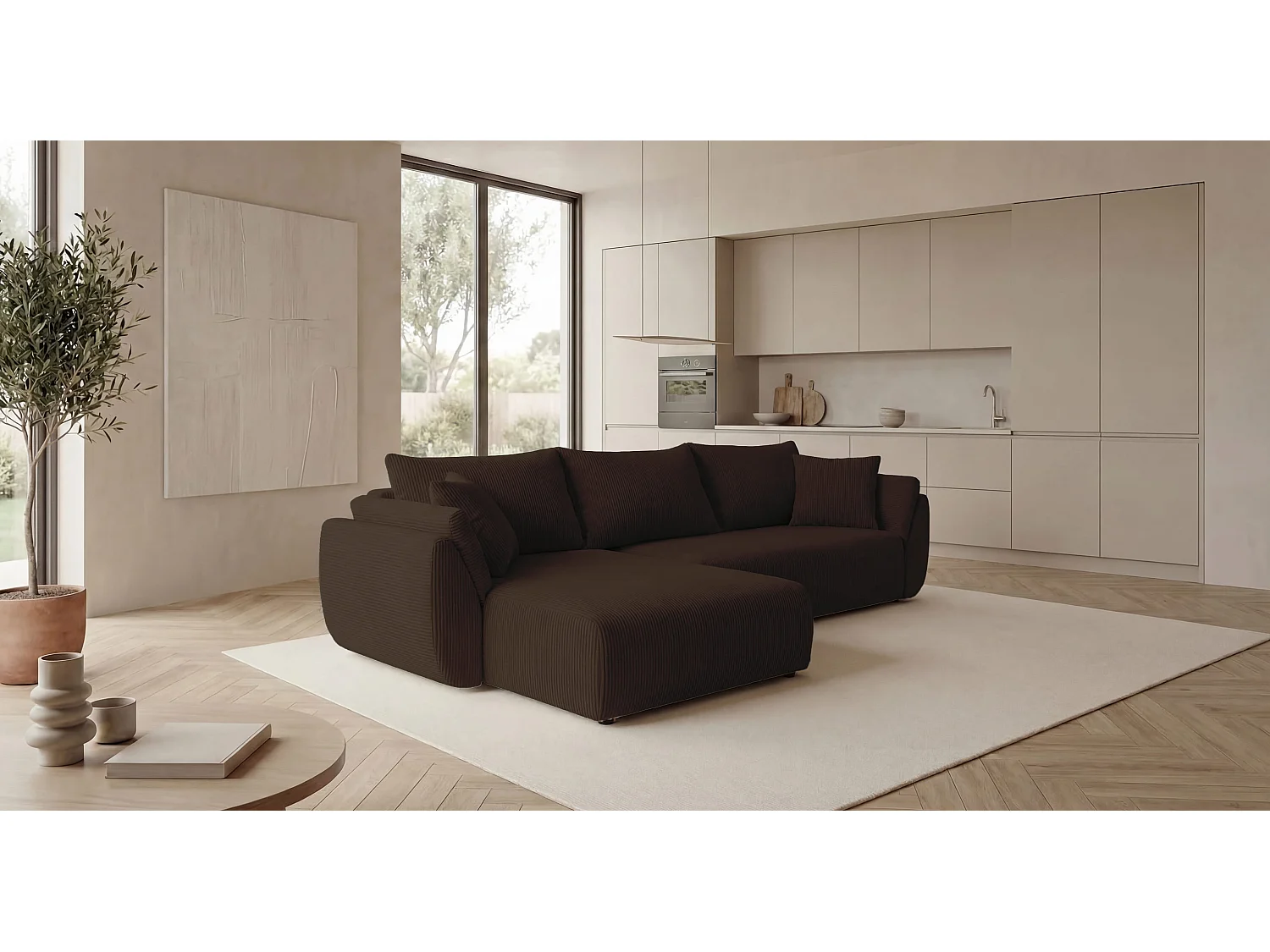 Canapé d'angle SYDNEY gauche marron velours côtelé Poso 6 - fonction couchage, coffre à literie