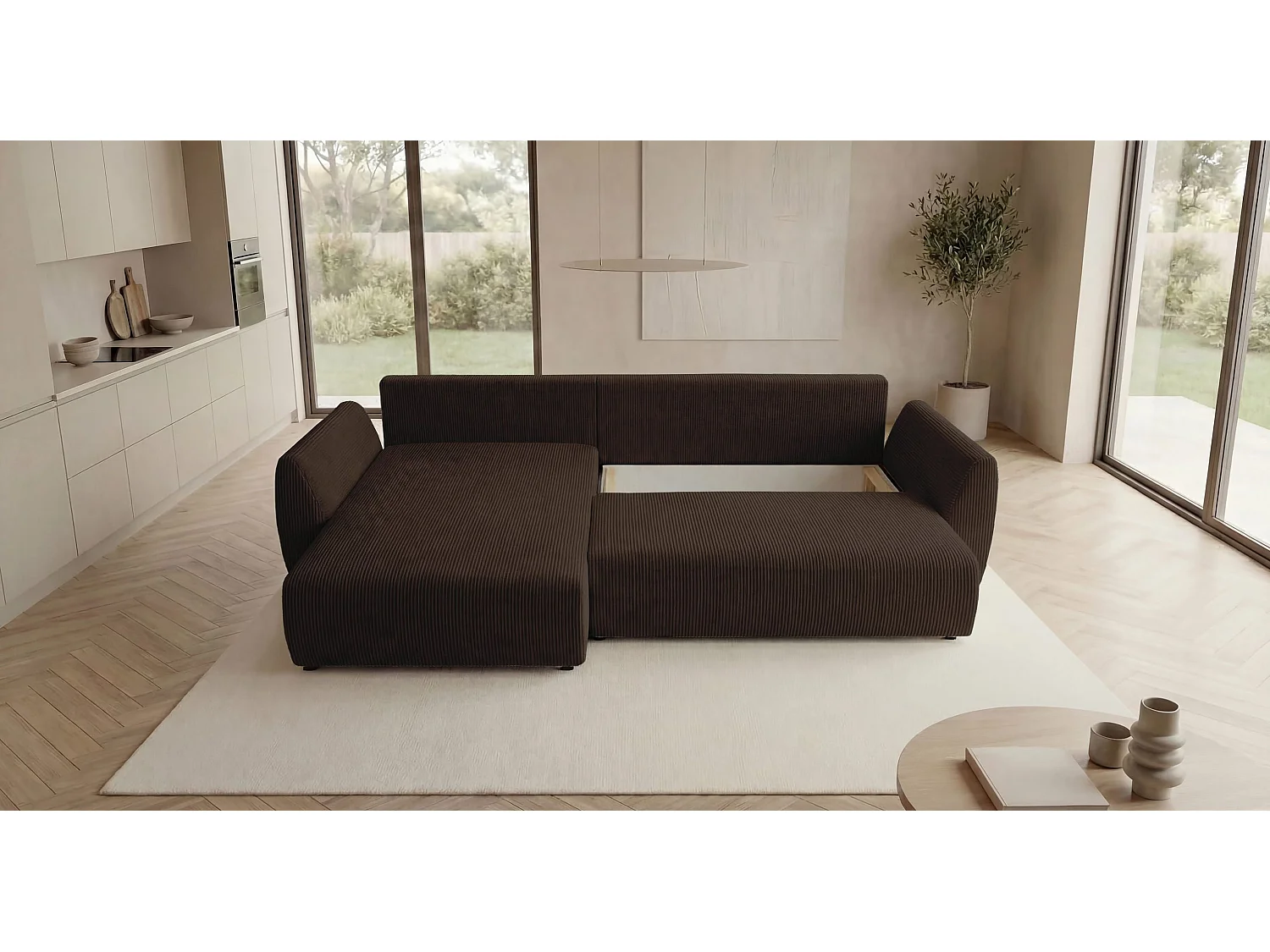 Canapé d'angle SYDNEY gauche marron velours côtelé Poso 6 - fonction couchage, coffre à literie