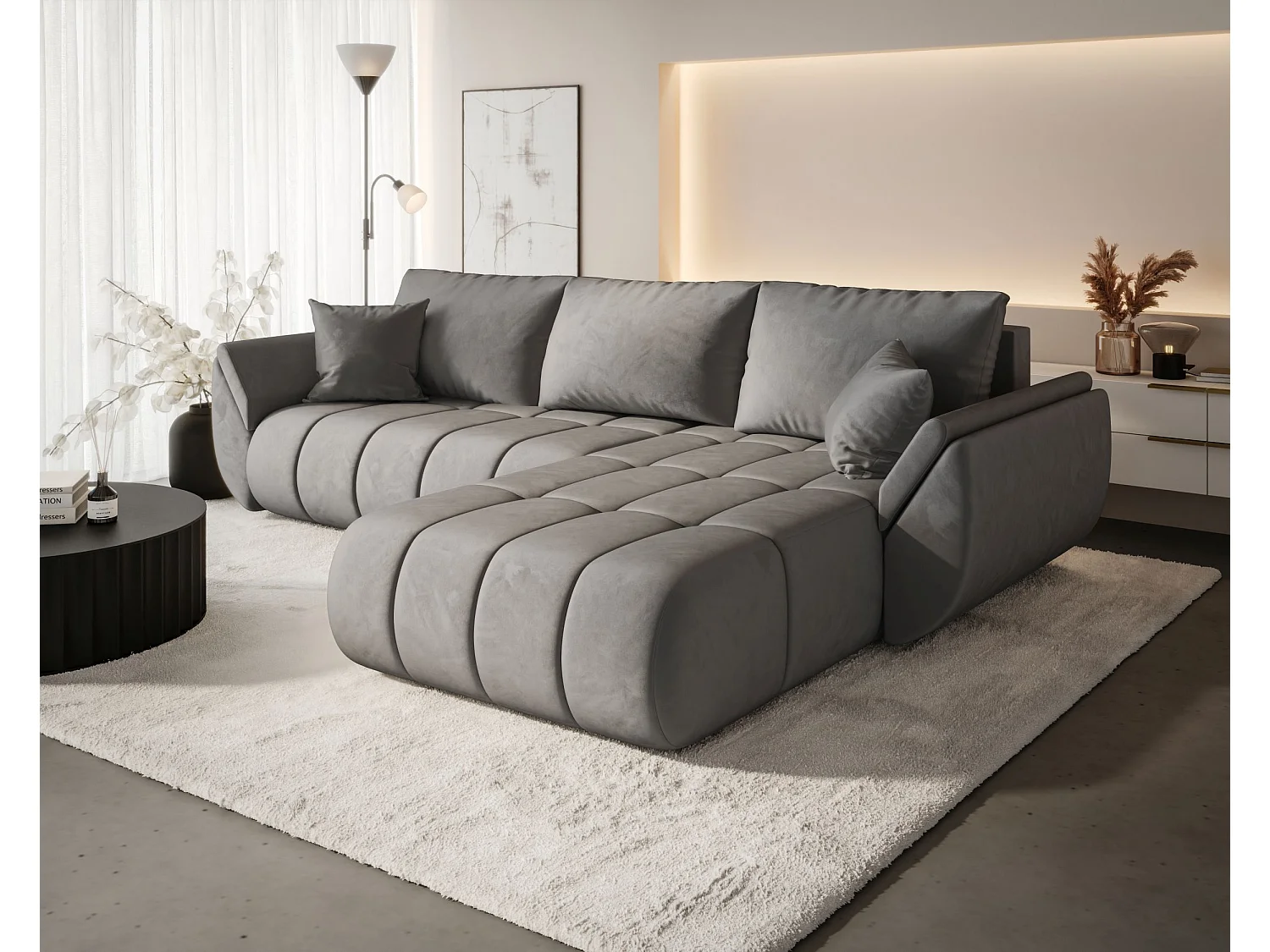 Canapé d'angle SYDNEY PREMIUM droit gris clair velours Monolith 84 - fonction couchage, coffre à literie