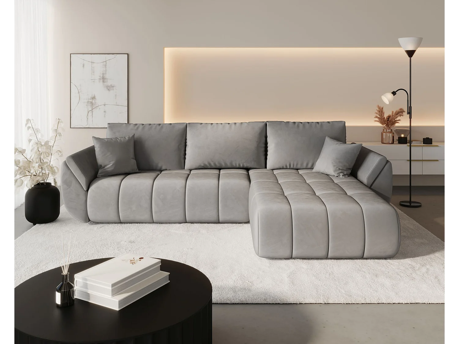 Canapé d'angle SYDNEY PREMIUM droit gris clair velours Monolith 84 - fonction couchage, coffre à literie