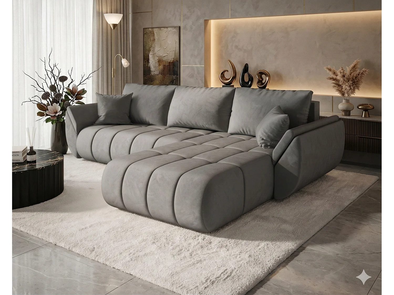 Canapé d’angle velours convertible avec coffre design moderne ARCO-Gris clair-angle droit