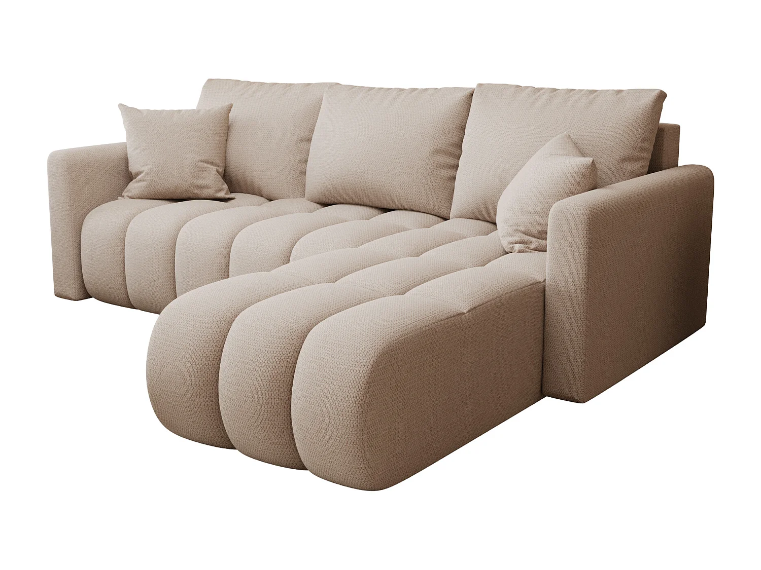 Canapé d'angle GARDA droit beige clair tricot Aragon 3 - fonction couchage, coffre à literie