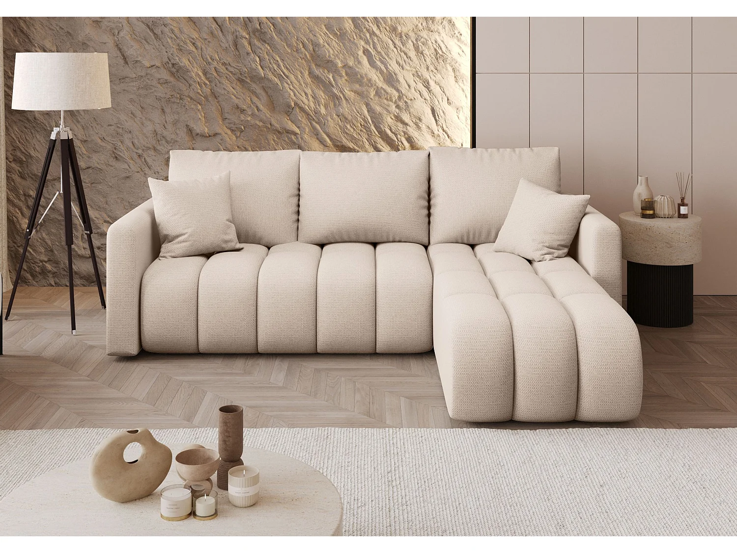 Canapé d'angle GARDA droit beige clair tricot Aragon 3 - fonction couchage, coffre à literie