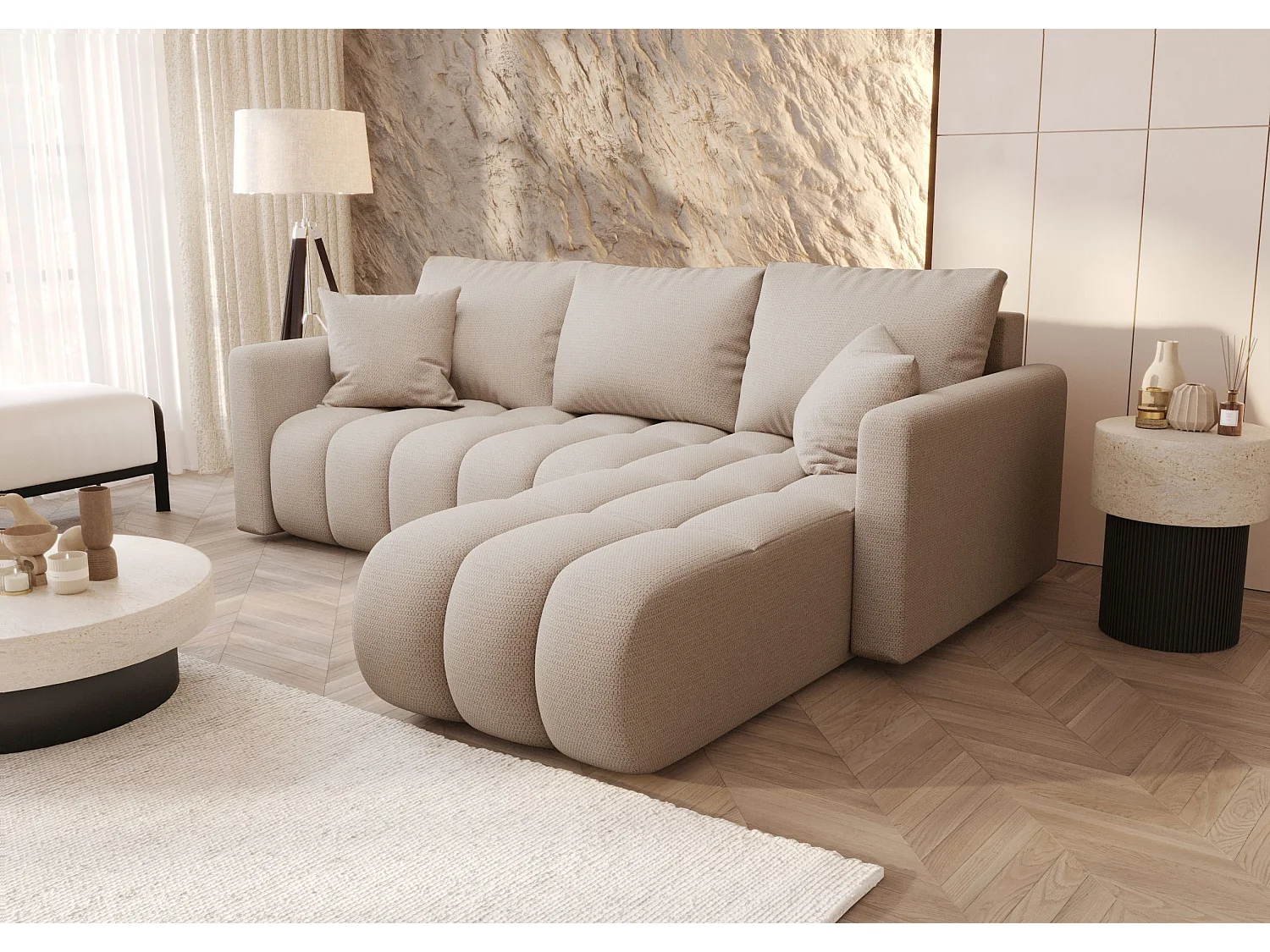 Canapé d'angle GARDA droit beige clair tricot Aragon 3 - fonction couchage, coffre à literie