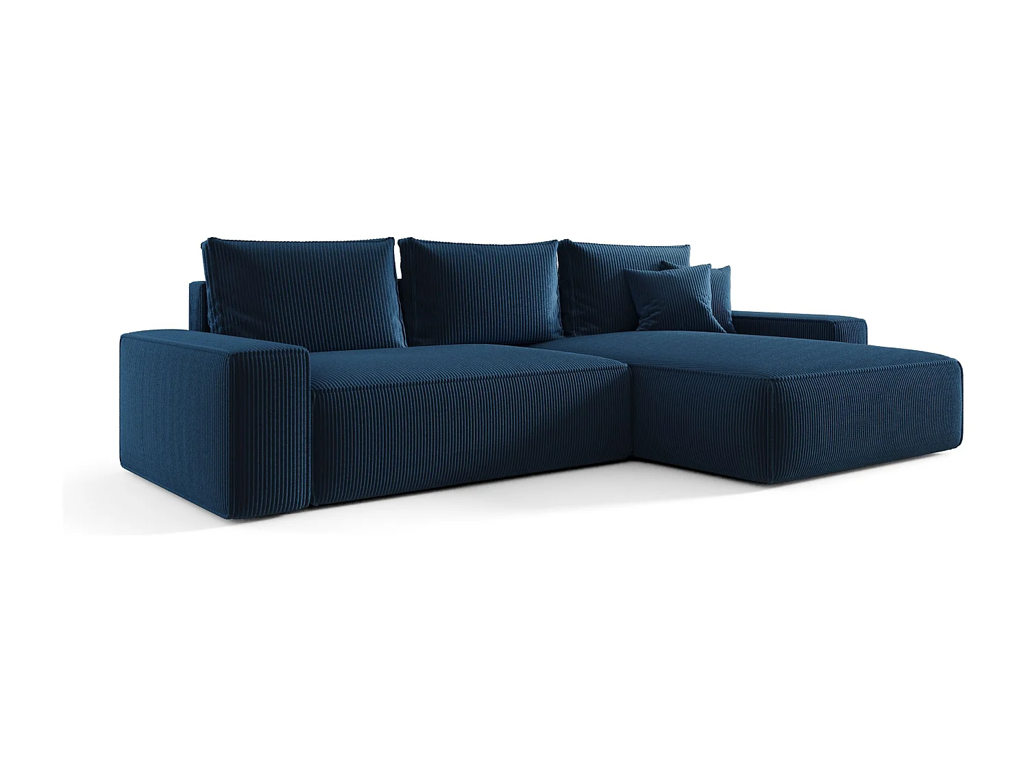 Canapé d'angle CALIFORNIA droit bleu foncé velours côtelé Poso 5 - fonction couchage, coffre à literie