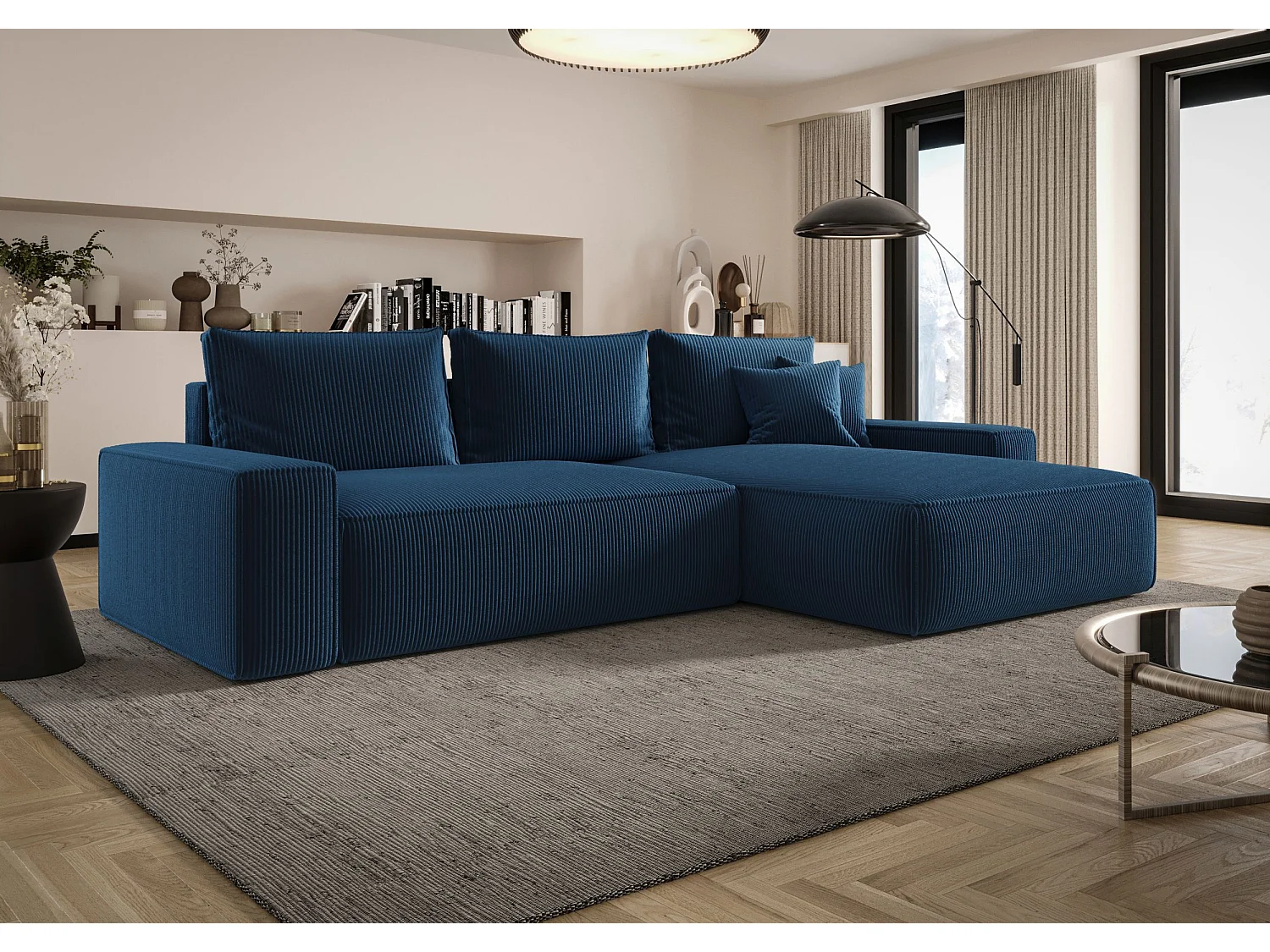 Canapé d'angle CALIFORNIA droit bleu foncé velours côtelé Poso 5 - fonction couchage, coffre à literie