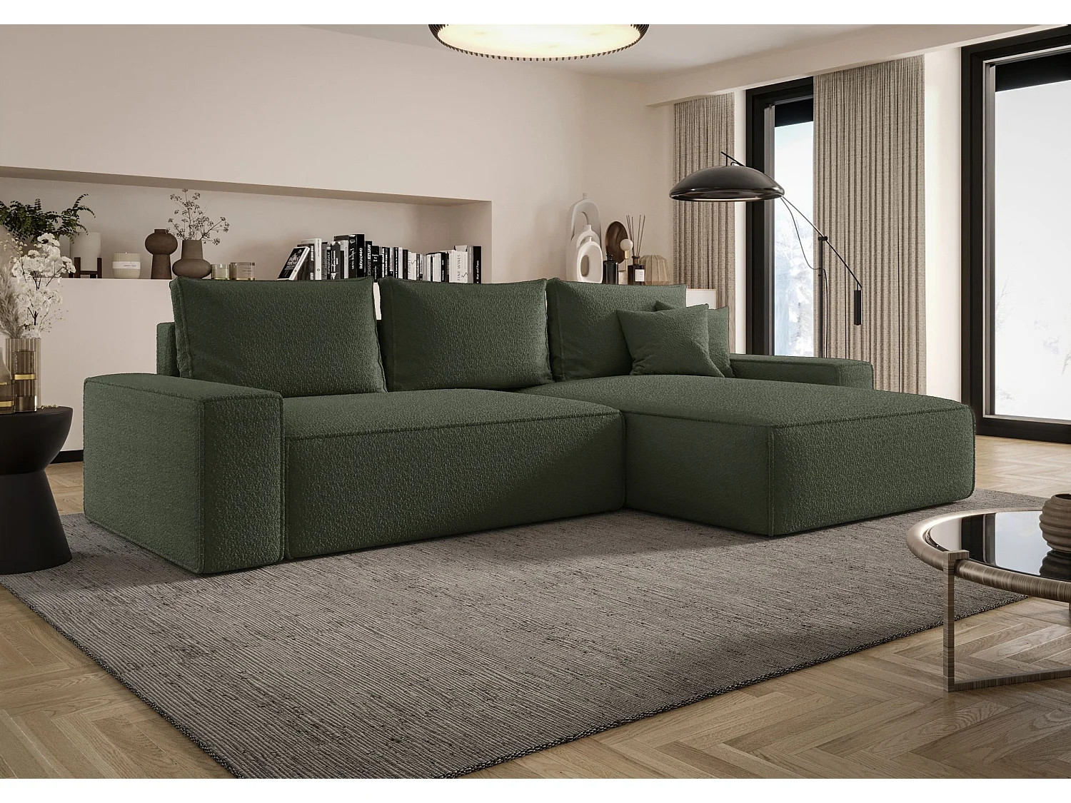 Canapé d'angle CALIFORNIA droit Ciemno Zielony Bukle Quelle 37 - fonction couchage, coffre à literie