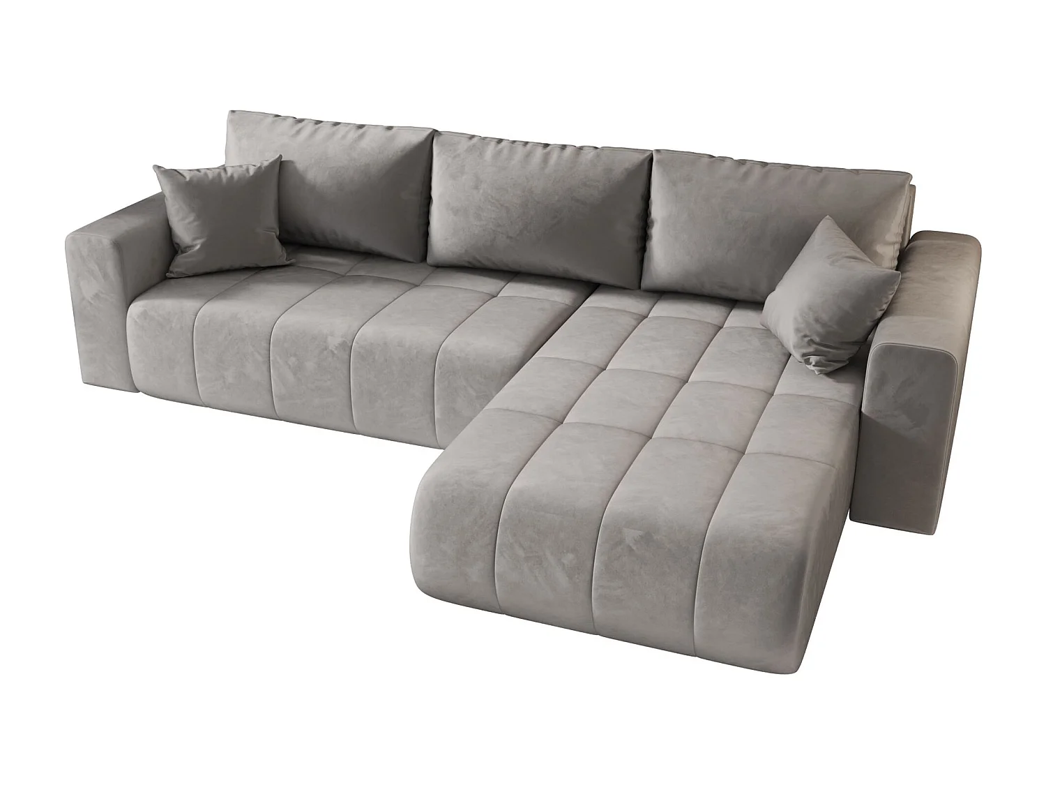 Canapé d'angle LARA droit gris clair velours Monolith 84 - fonction couchage, coffre à literie