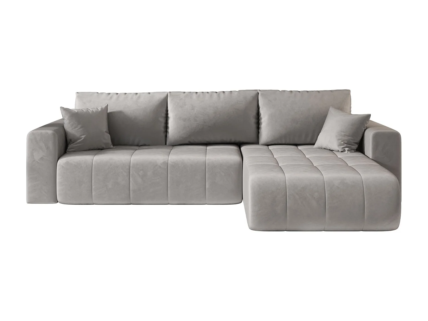 Canapé d'angle LARA droit gris clair velours Monolith 84 - fonction couchage, coffre à literie